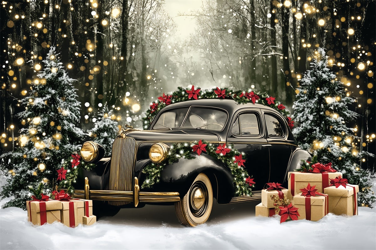 Toile de fond photo Noël Voiture Vintage et Forêt CSH6-256