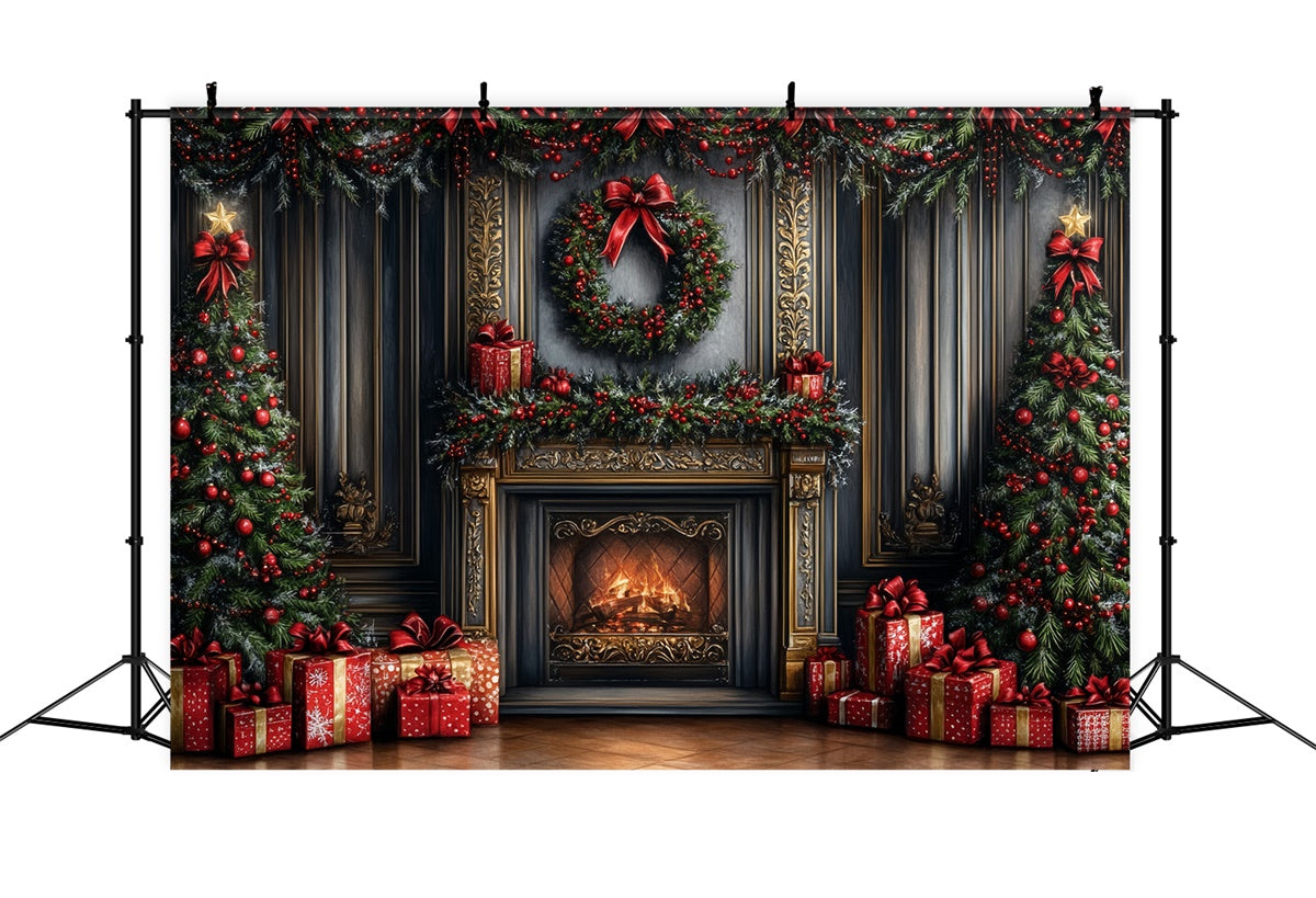 Toile de fond de Noël Cheminée Cadeaux et Guirlandes CSH6-266