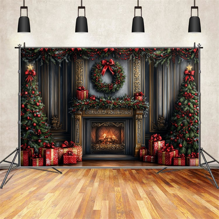 Toile de fond de Noël Cheminée Cadeaux et Guirlandes CSH6-266