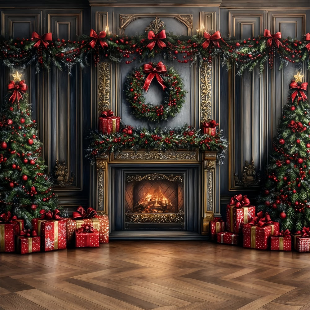 Toile de fond de Noël Cheminée Cadeaux et Guirlandes CSH6-266