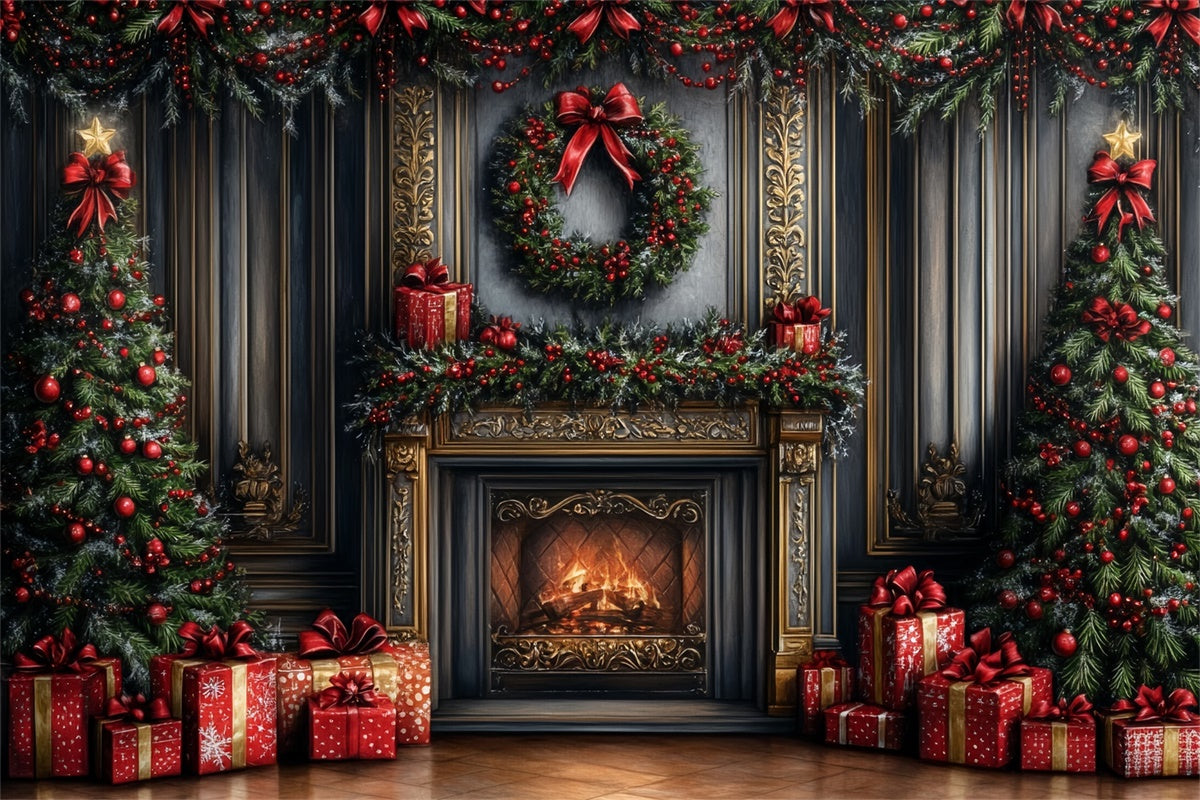 Toile de fond de Noël Cheminée Cadeaux et Guirlandes CSH6-266