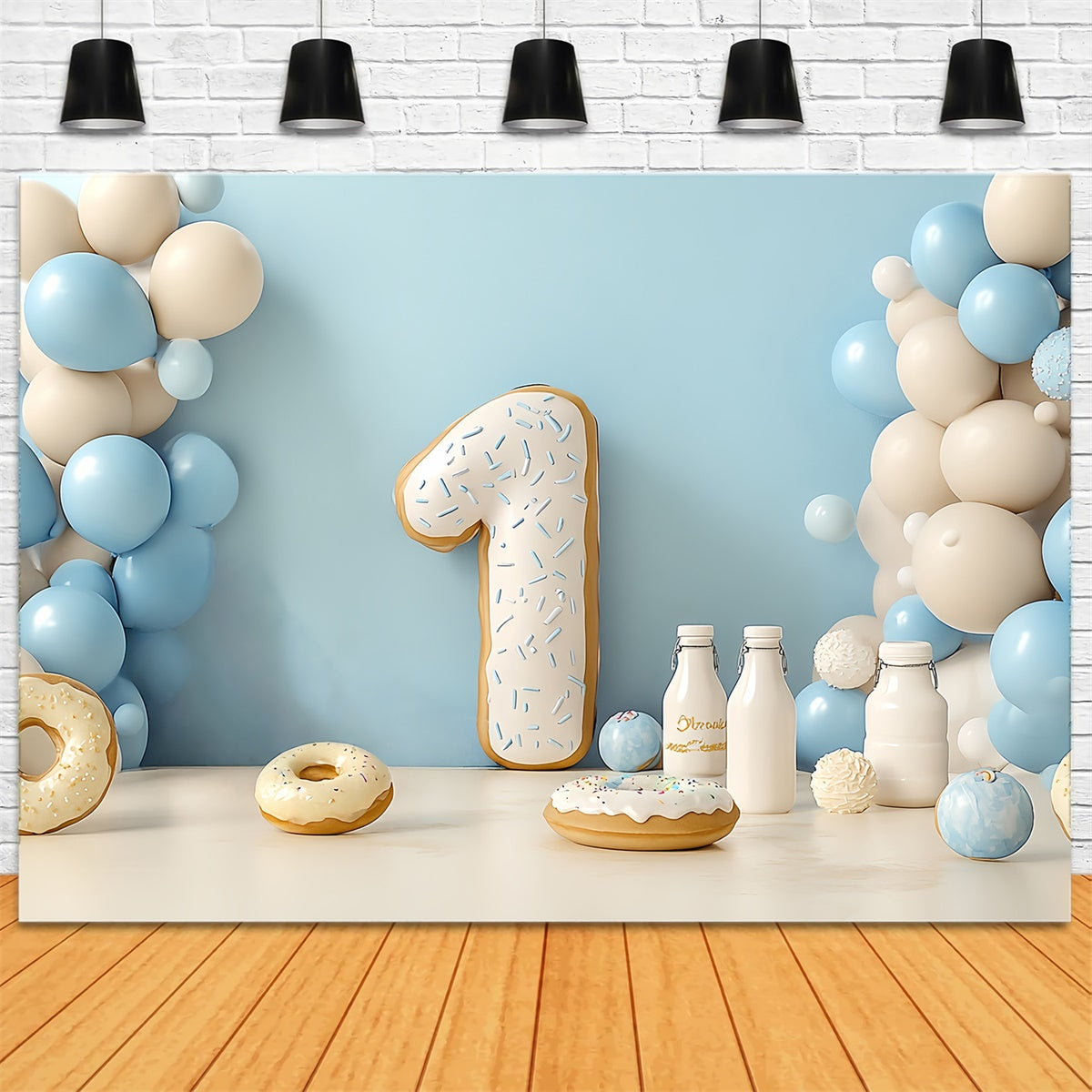 Toile de fond Photo Anniversaire Bébé Fiesta Ballons Bleu Crème CSH6-319