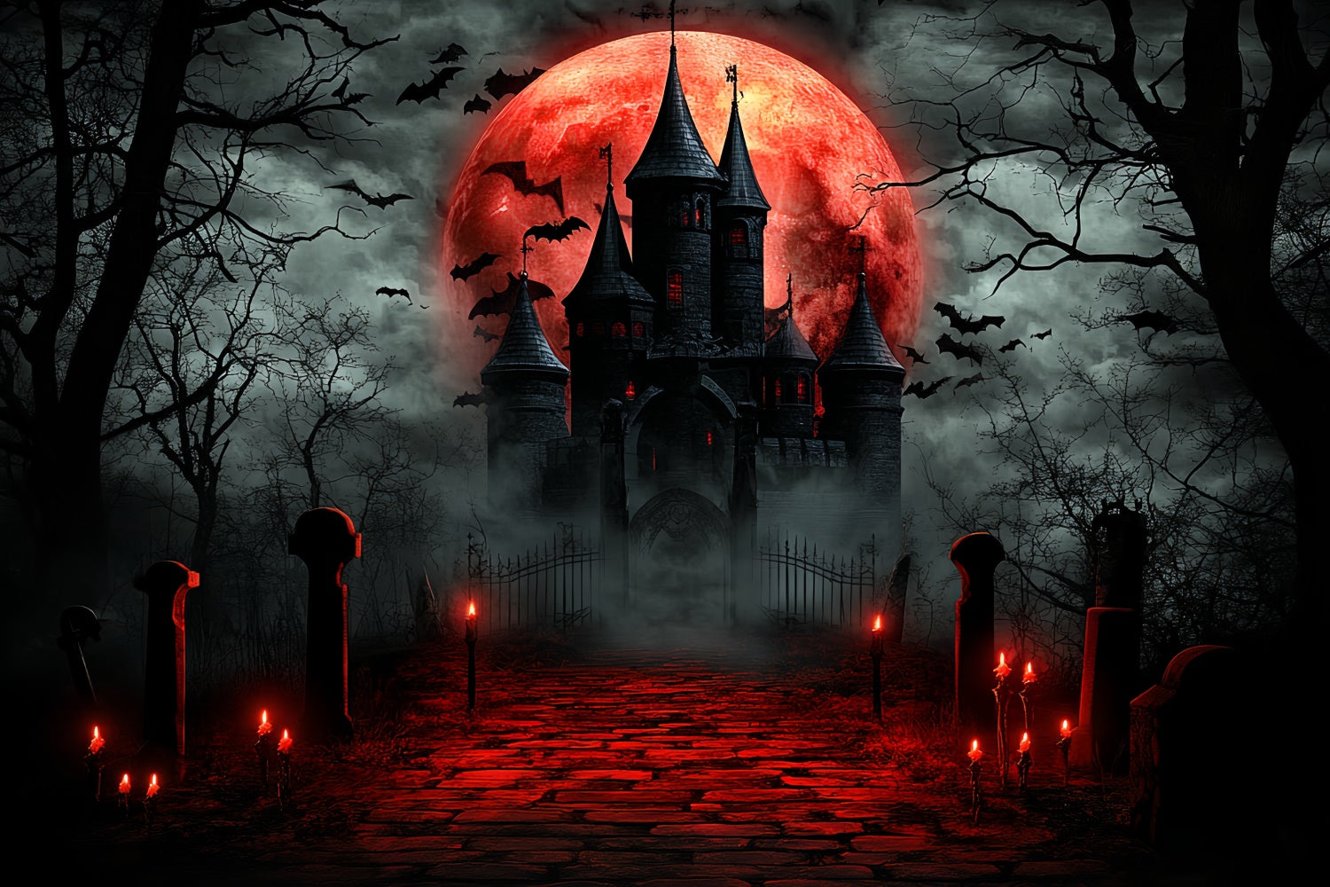 Toile de fond Halloween Lune Lune de Sang Château Hanté CSH6-66