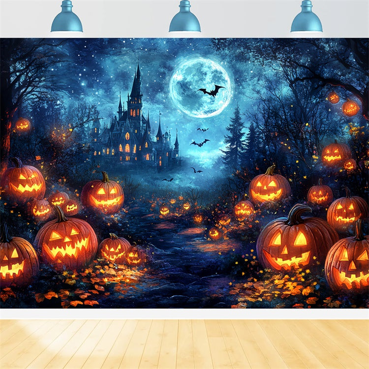 Toile de fond Forêt Effrayante Château Magique Citrouille Halloween CSH6-81