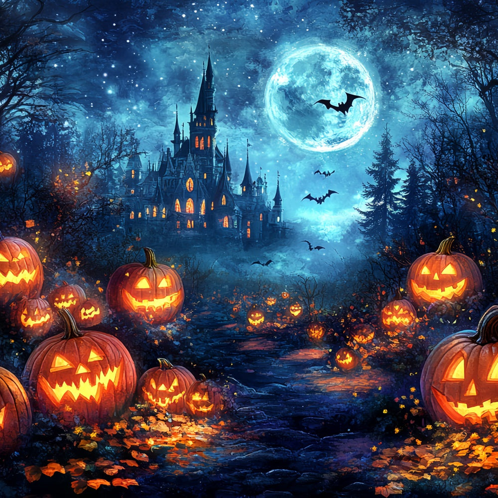 Toile de fond Forêt Effrayante Château Magique Citrouille Halloween CSH6-81
