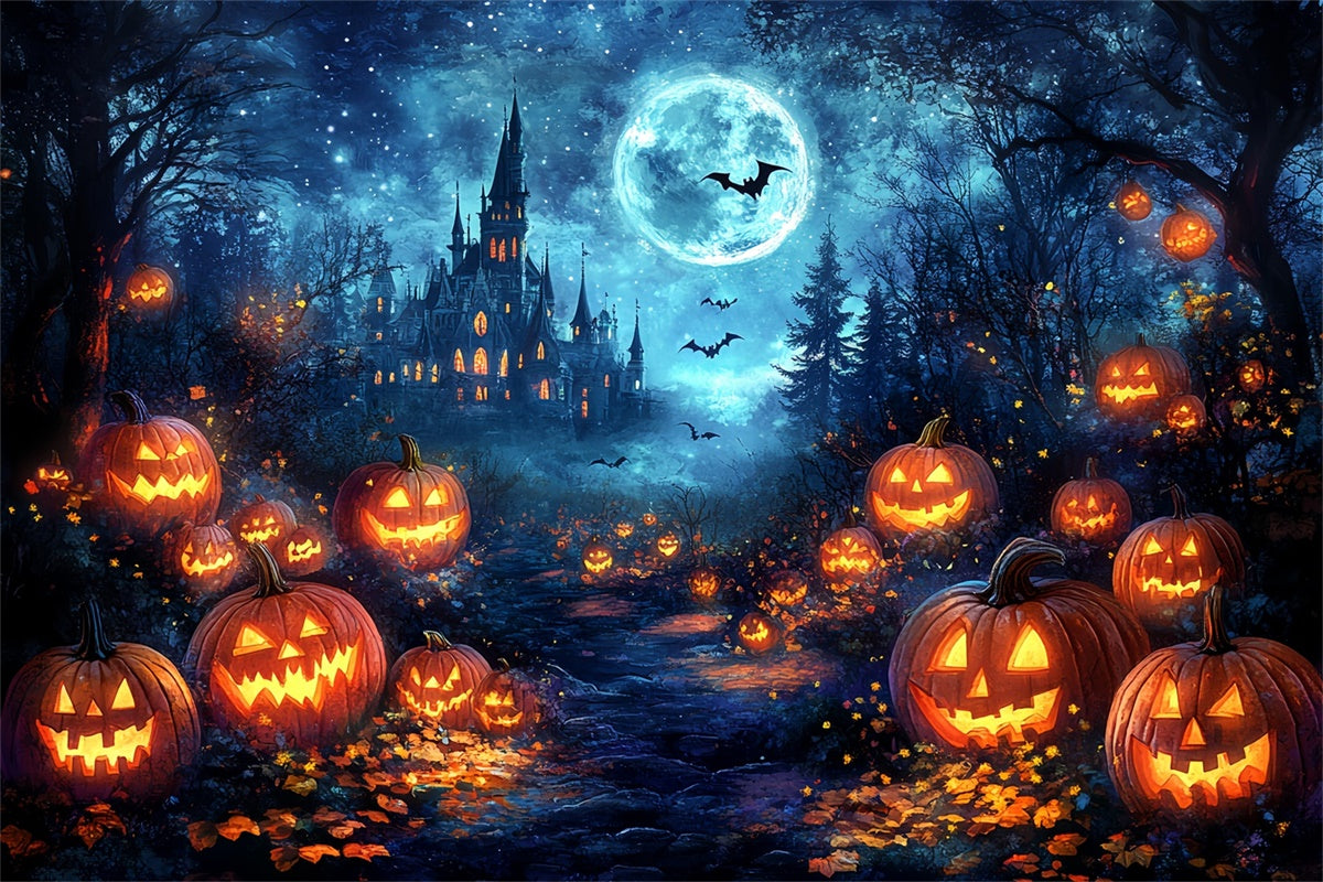 Toile de fond Forêt Effrayante Château Magique Citrouille Halloween CSH6-81