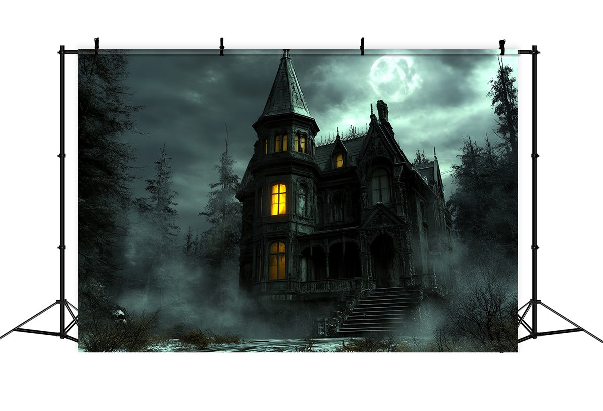 Toile de fond Forêt Effrayante Château Hanté Lueur Halloween CSH6-97