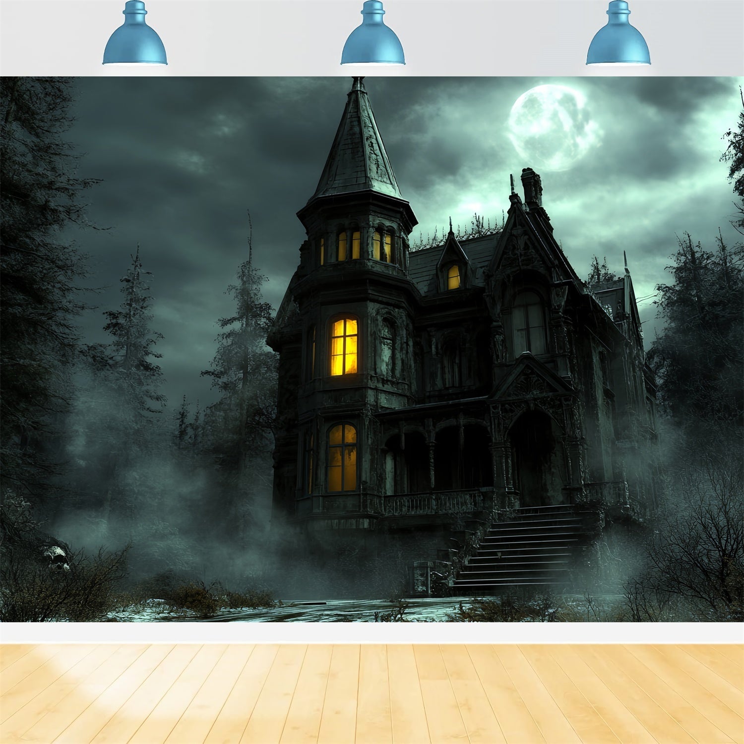 Toile de fond Forêt Effrayante Château Hanté Lueur Halloween CSH6-97
