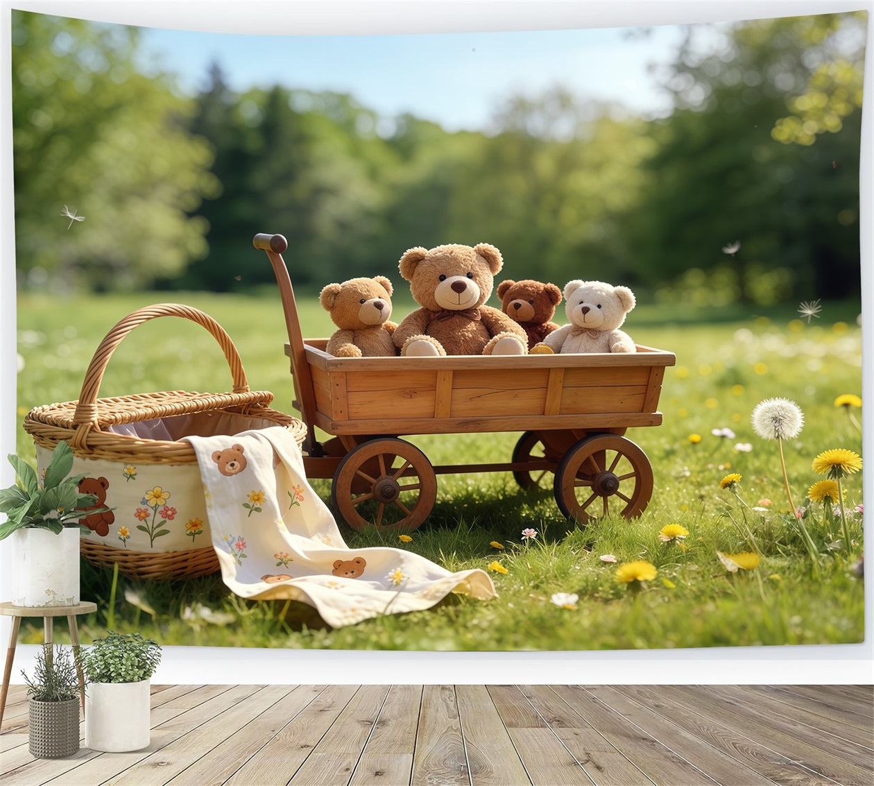 Toile de fond Photo Printemps Chariot Ours En Peluche Prairie Extérieur CSH61-140