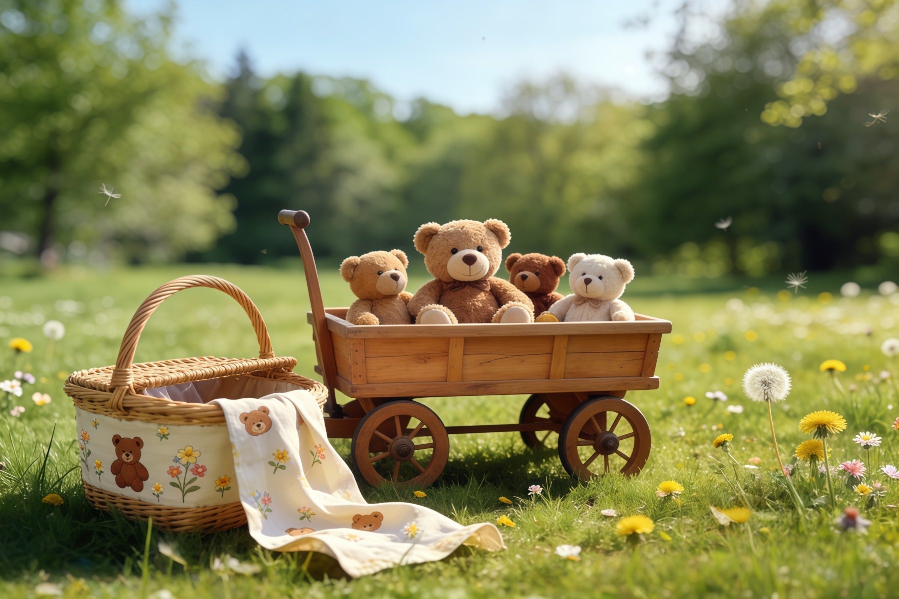 Toile de fond Photo Printemps Chariot Ours En Peluche Prairie Extérieur CSH61-140