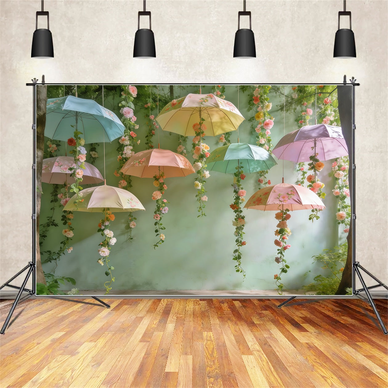 Toile de fond Photo Printemps Canopée Parapluies Suspendus Fleurs CSH61-148