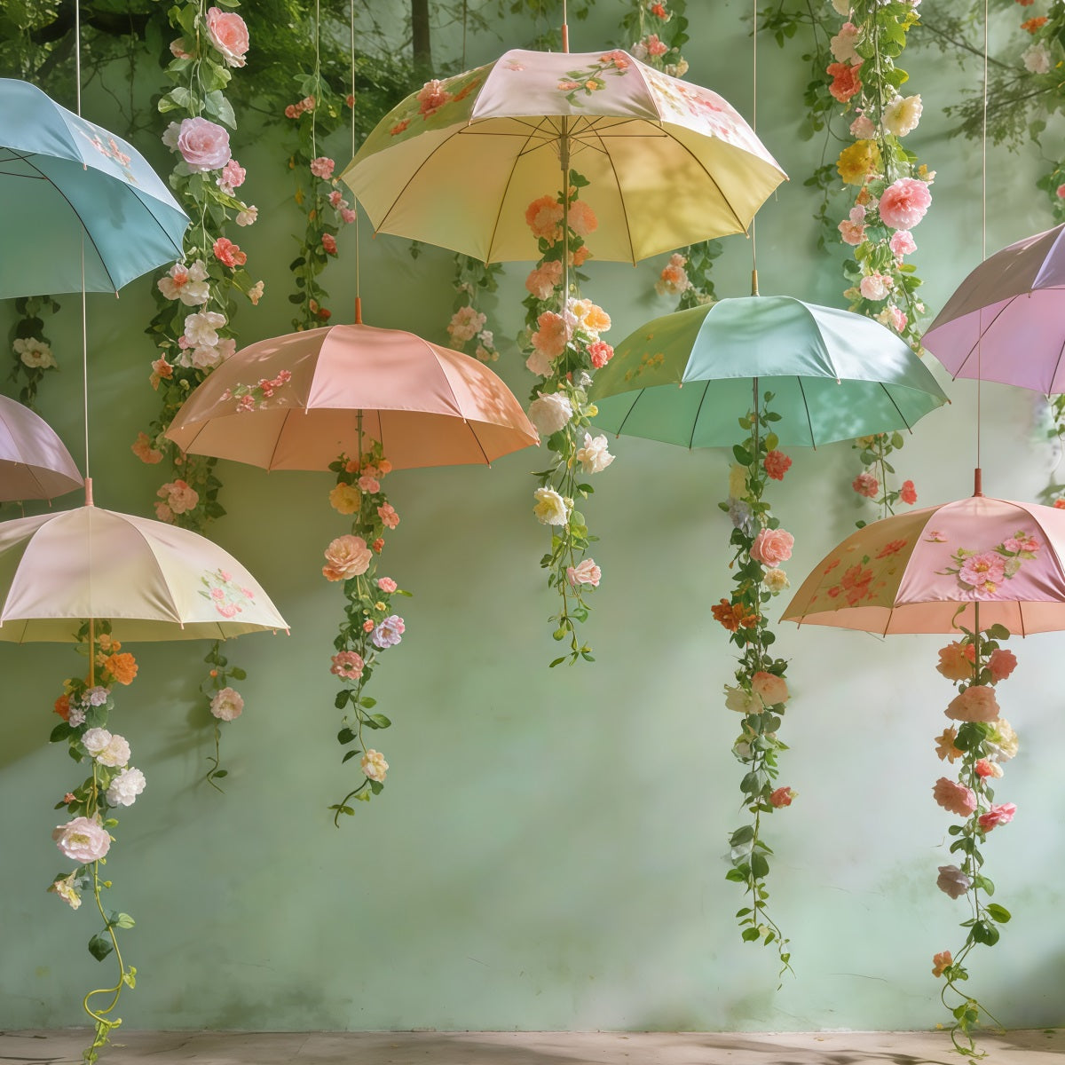 Toile de fond Photo Printemps Canopée Parapluies Suspendus Fleurs CSH61-148