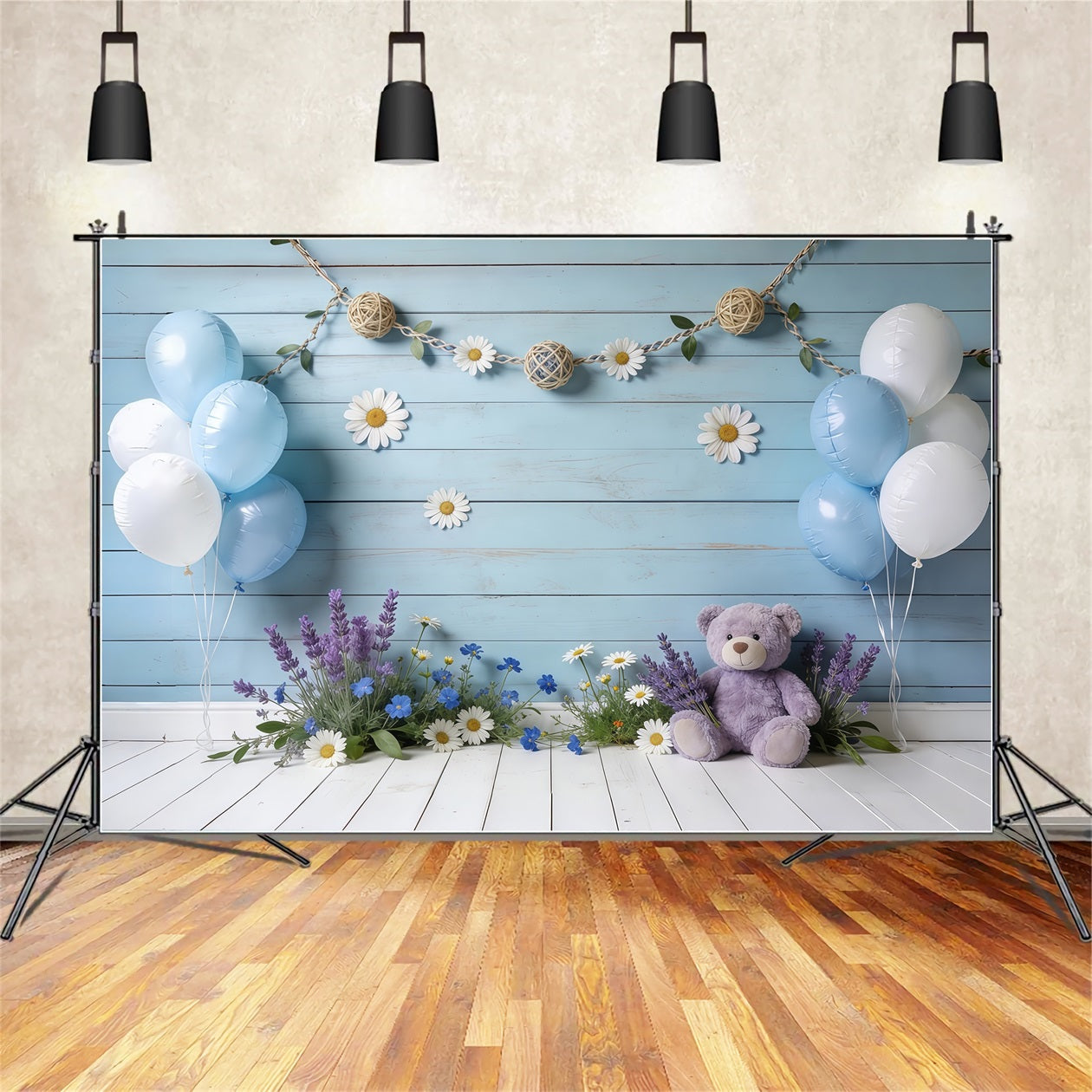 Toile de fond Printemps Mur Bois Bleu Ballon Ours CSH61-150