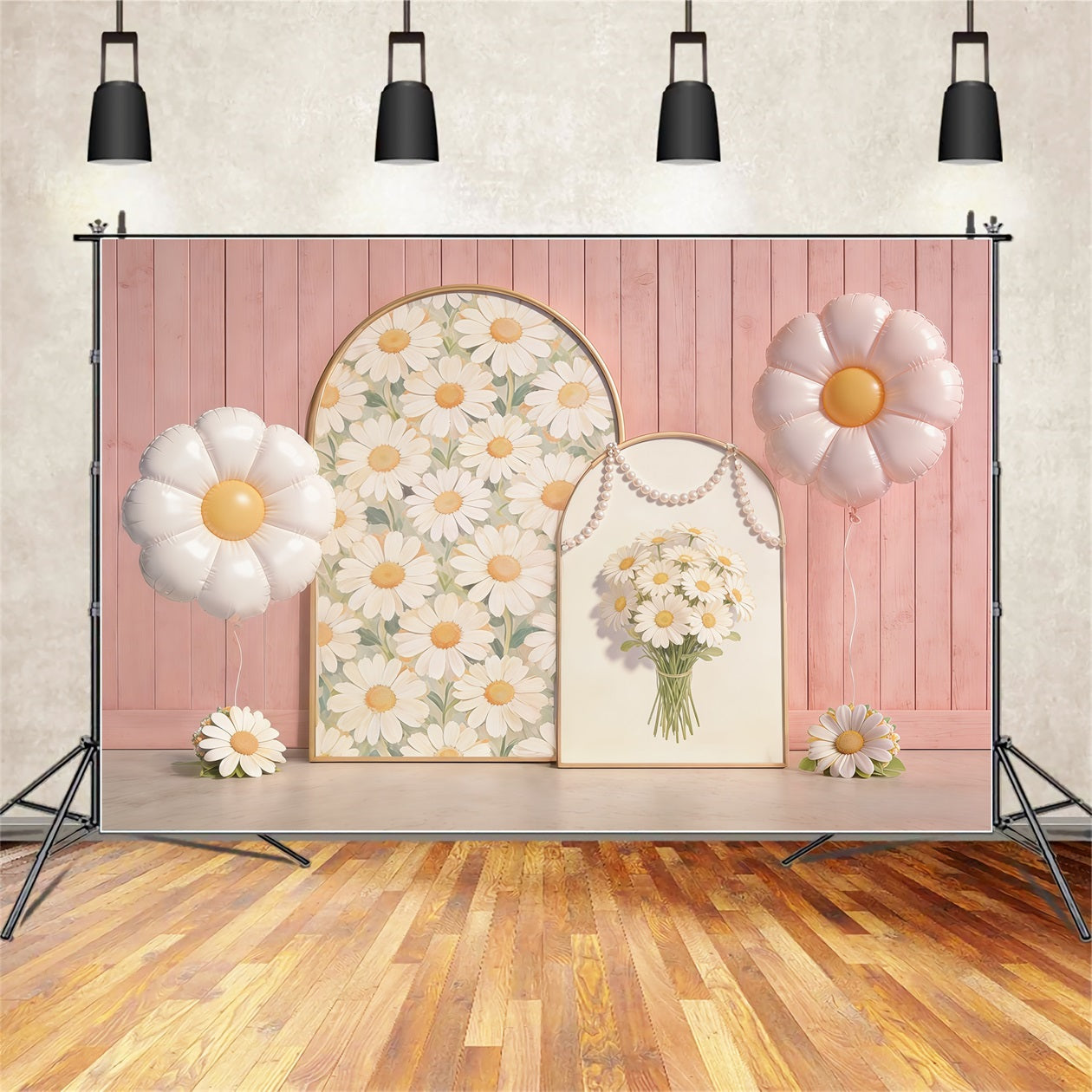 Fond Studio Photo Floral Mur Bois Rose Arche Ballons CSH61-151