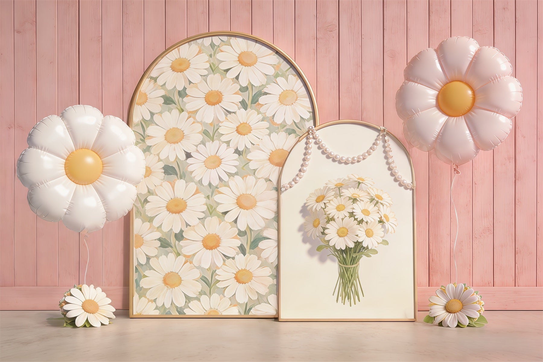 Fond Studio Photo Floral Mur Bois Rose Arche Ballons CSH61-151