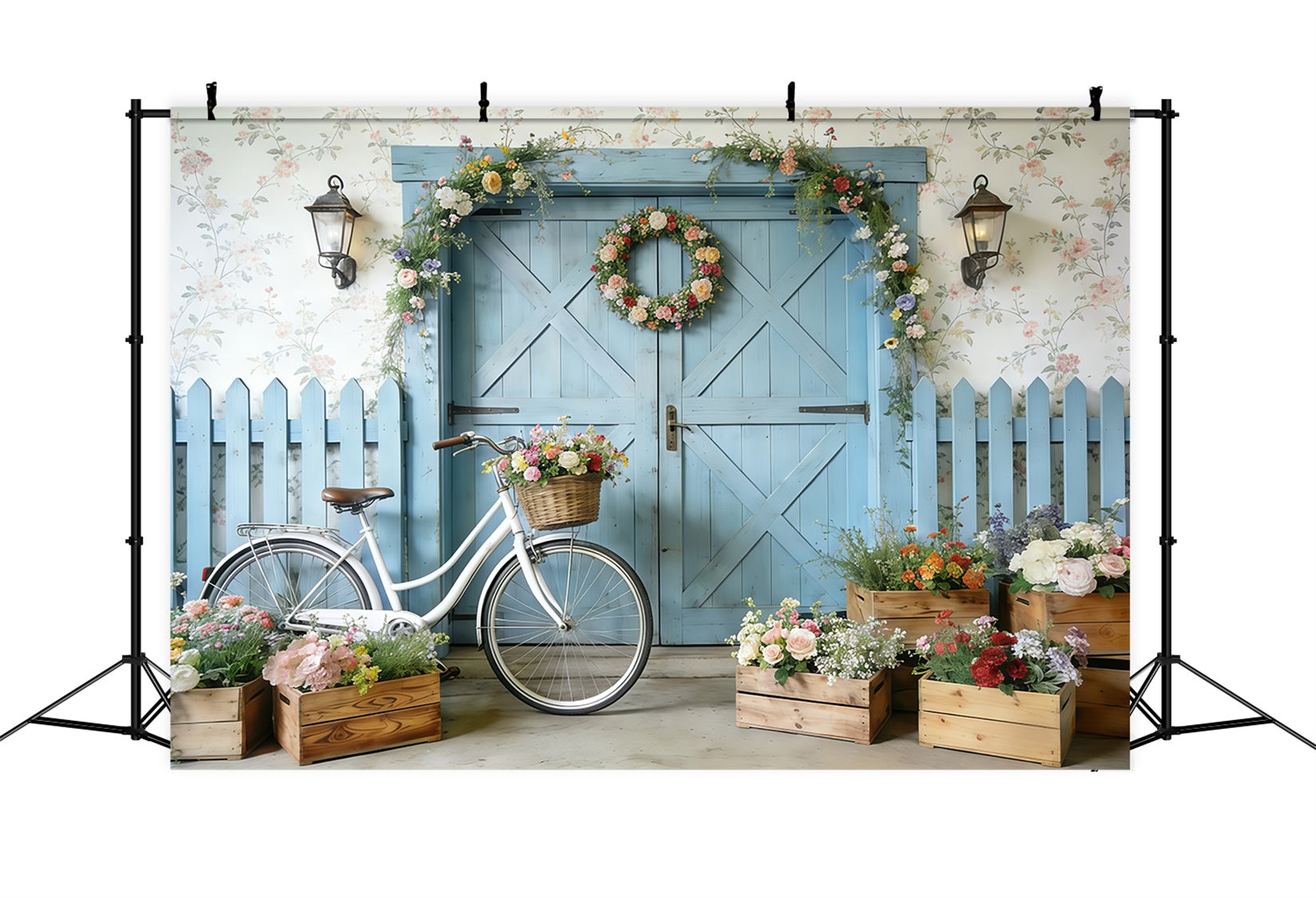 Toile de fond Photo Fleur Porte Grange Bleue Vélo Fleurs CSH61-152