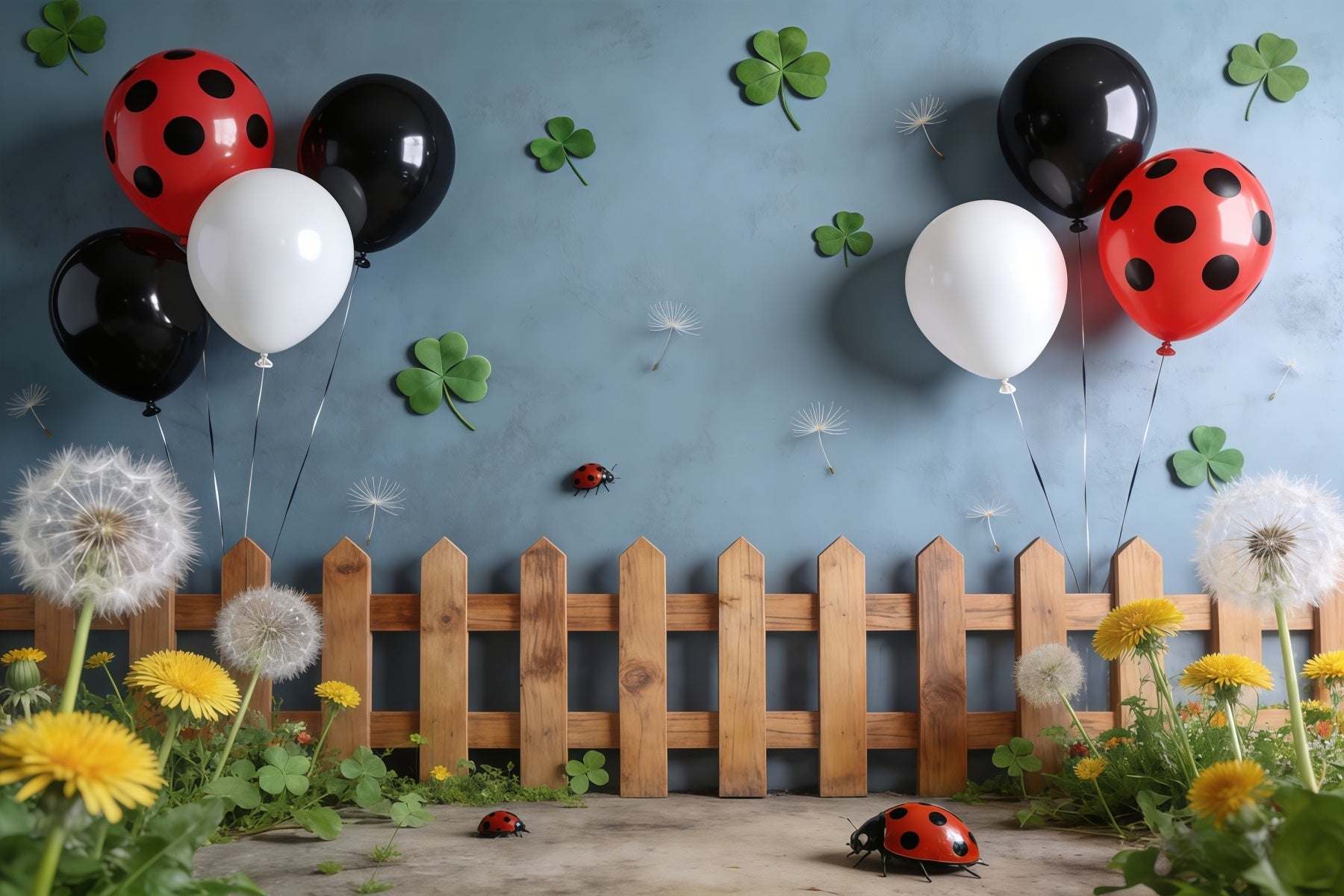 Toile de fond Photo Printemps Clôture Ballons Trèfle Pissenlit CSH61-156