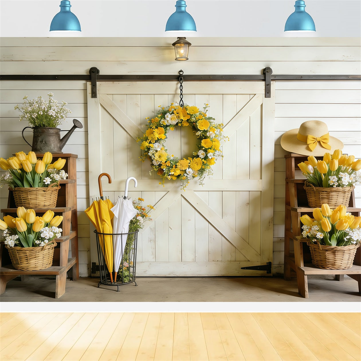 Fond Studio Photo Printemps Porte Grange Tulipees Jaunes CSH61-163
