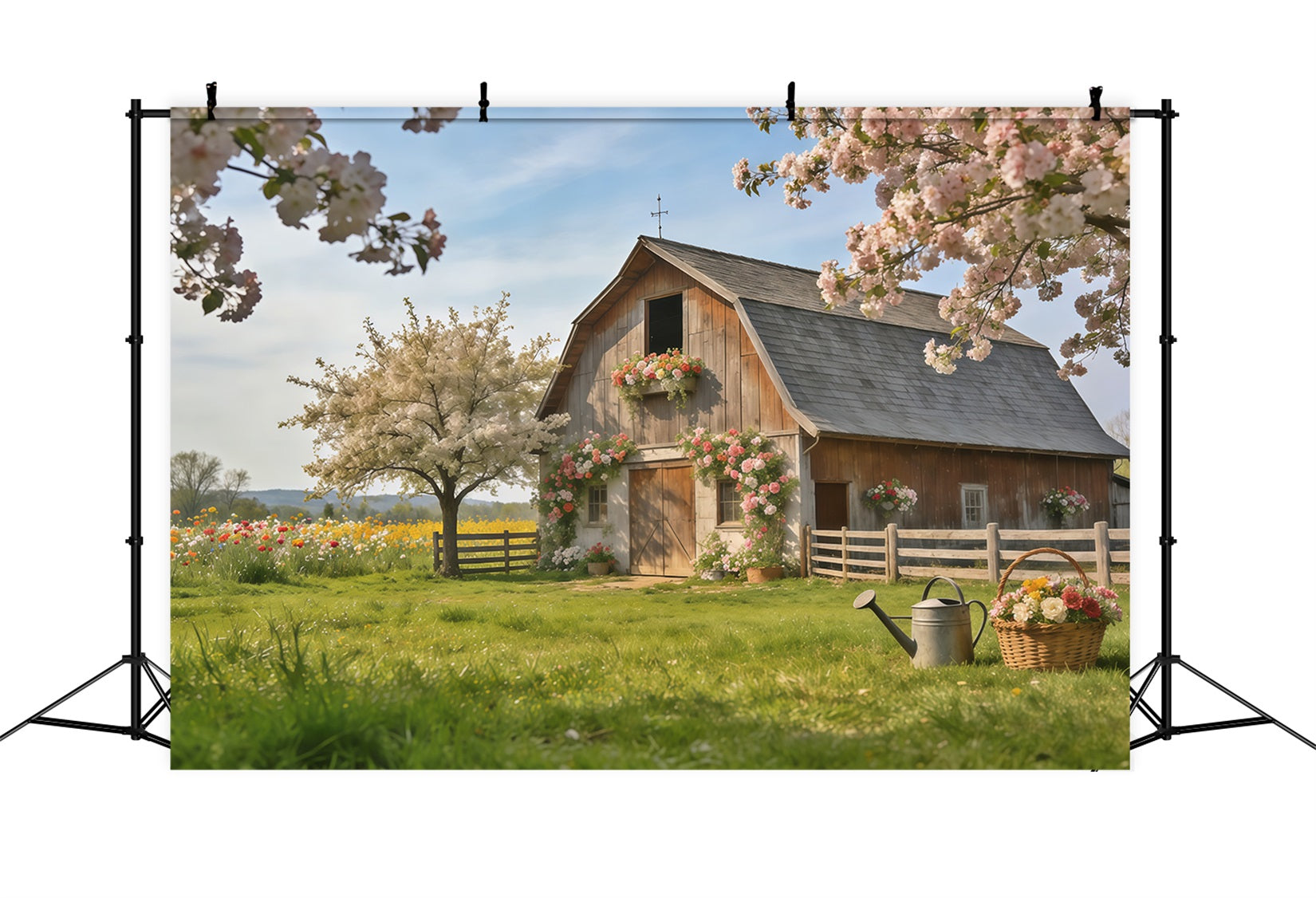 Toile de fond Photo Printemps Prairie Fleurs Ferme Rustique CSH61-172