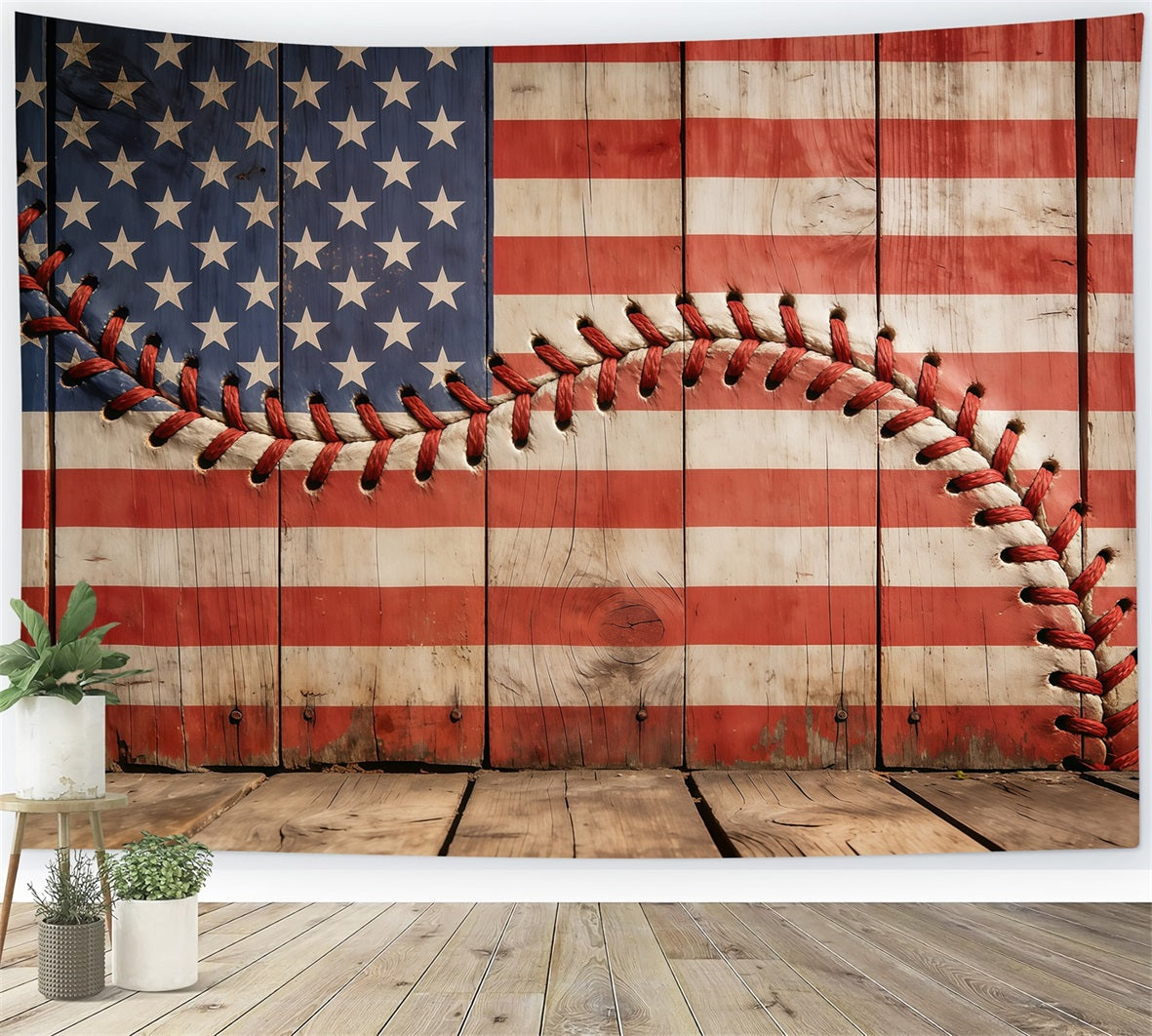 Fond Studio Photo Baseball Drapeau Bois Patriote Couture Rustique CSH61-193