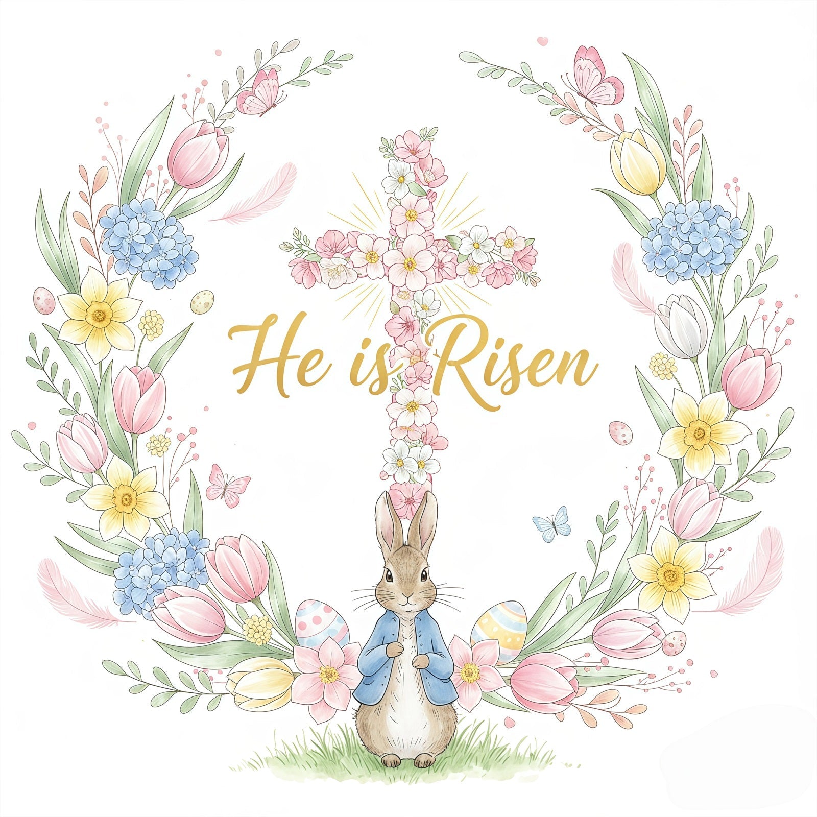 Toile de fond Pâques Croix Florale Couronne Lapin CSH61-2