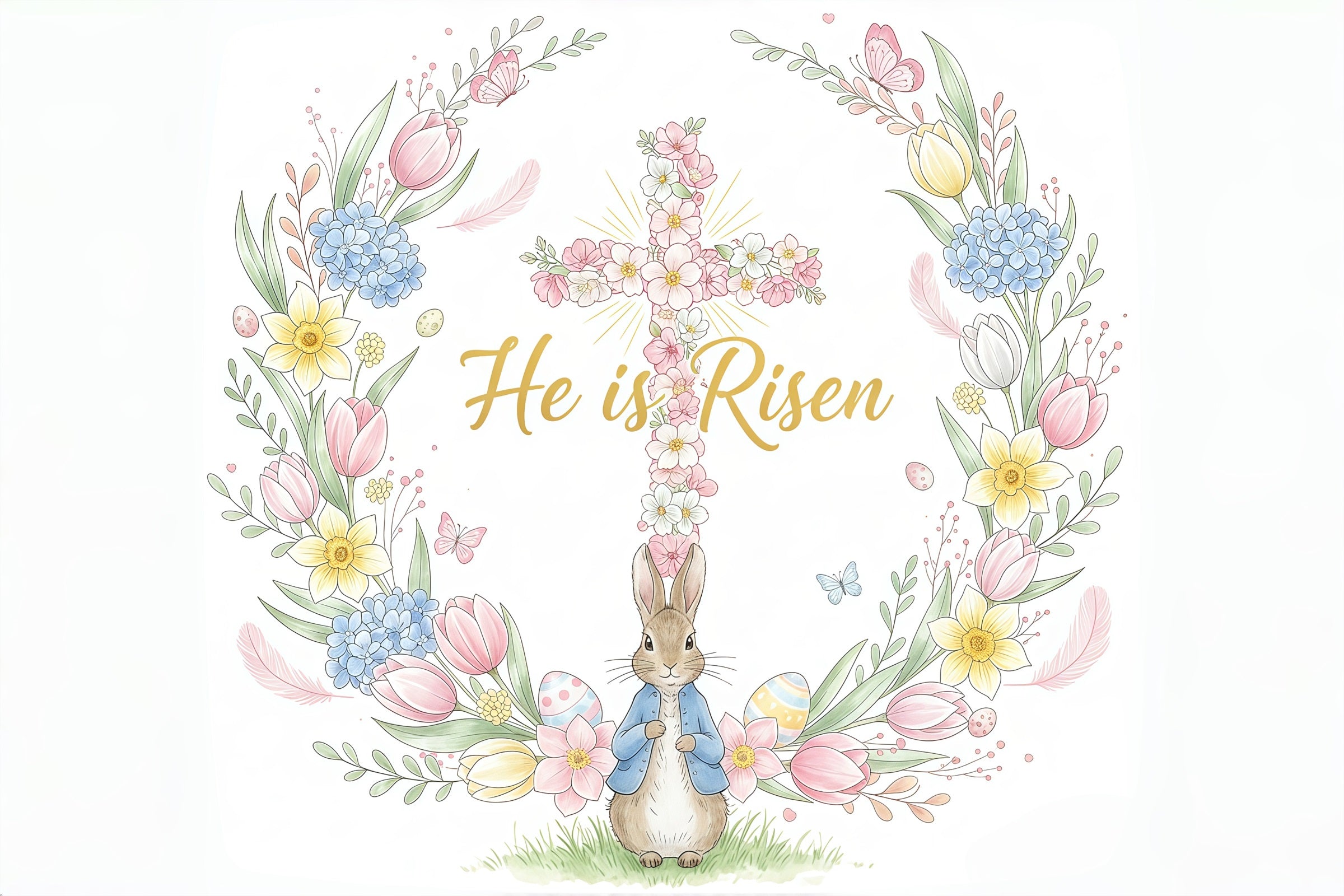 Toile de fond Pâques Croix Florale Couronne Lapin CSH61-2
