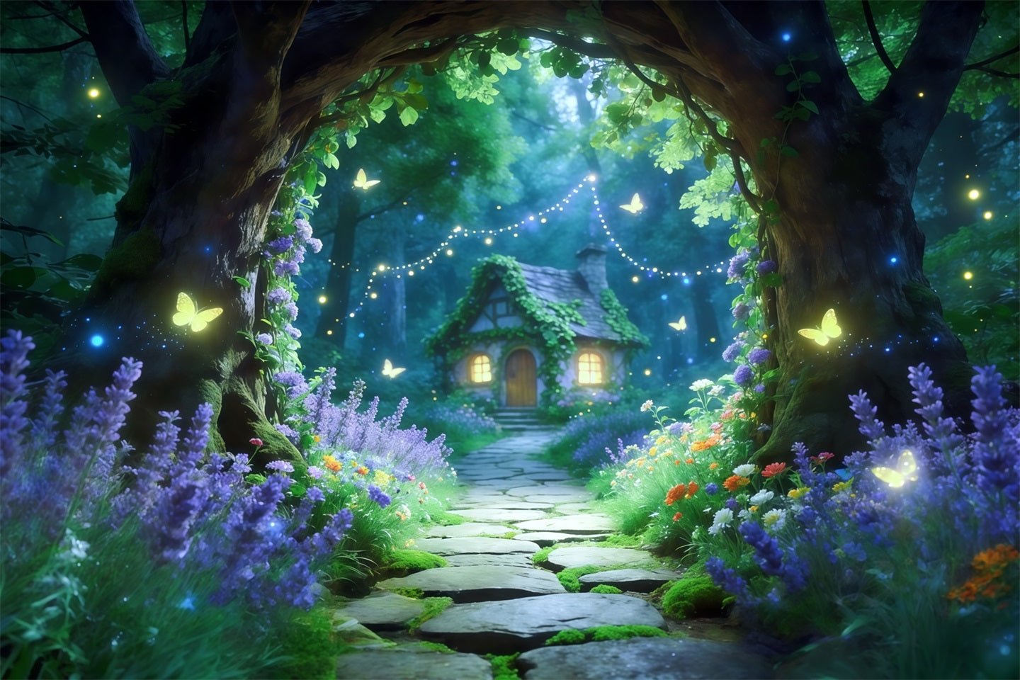 Fond Studio Forêt Magique Allée Jardin Cottage Lucioles CSH61-203