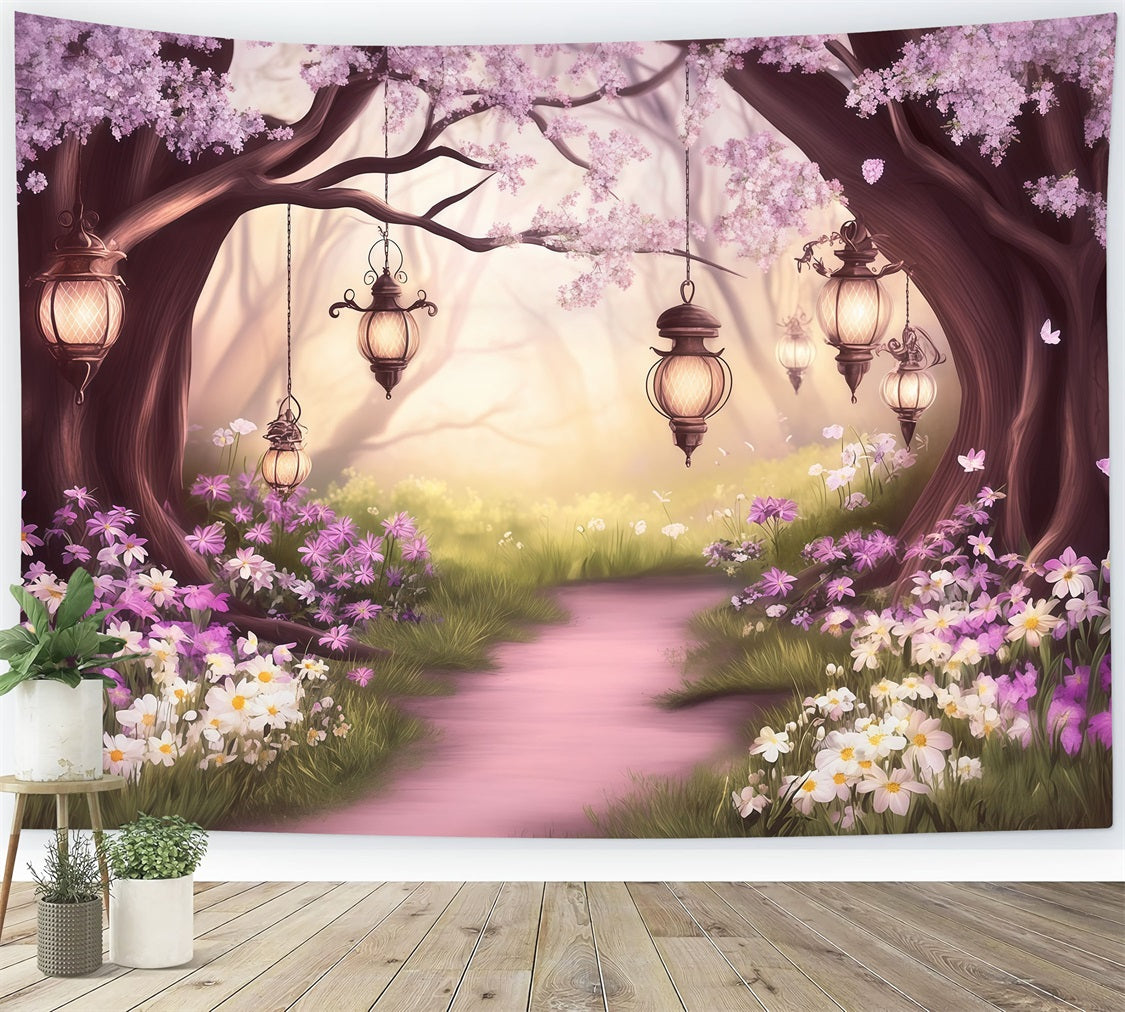 Fond Photo Forêt Féerique Allée Lanternes Fleurs Blush CSH61-211