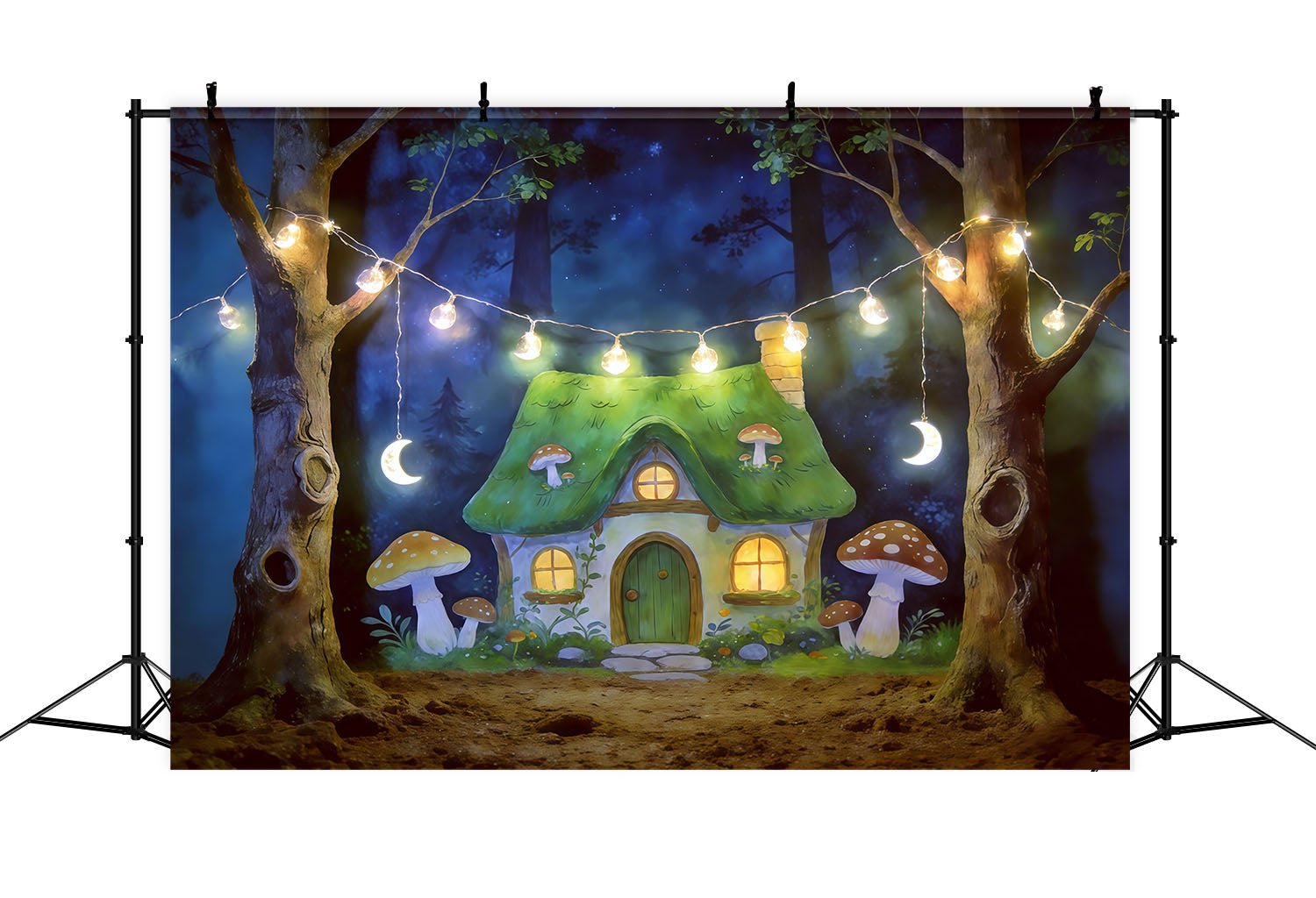 Toile de Fond Forêt Dessin Animé Lumières Cottage Champignons Clair De Lune CSH61-213