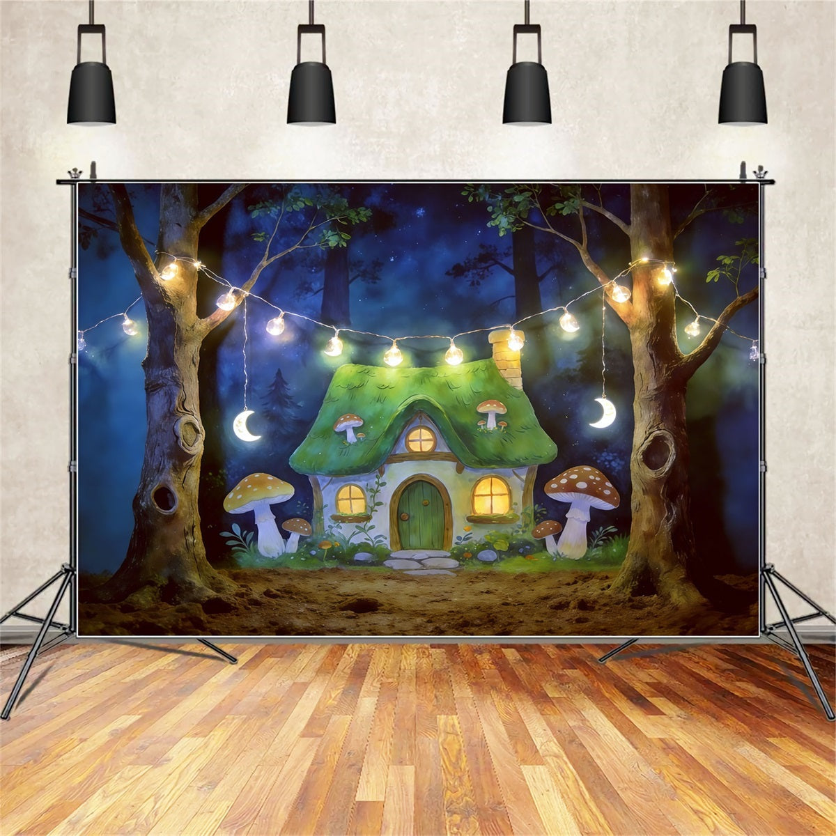 Toile de Fond Forêt Dessin Animé Lumières Cottage Champignons Clair De Lune CSH61-213
