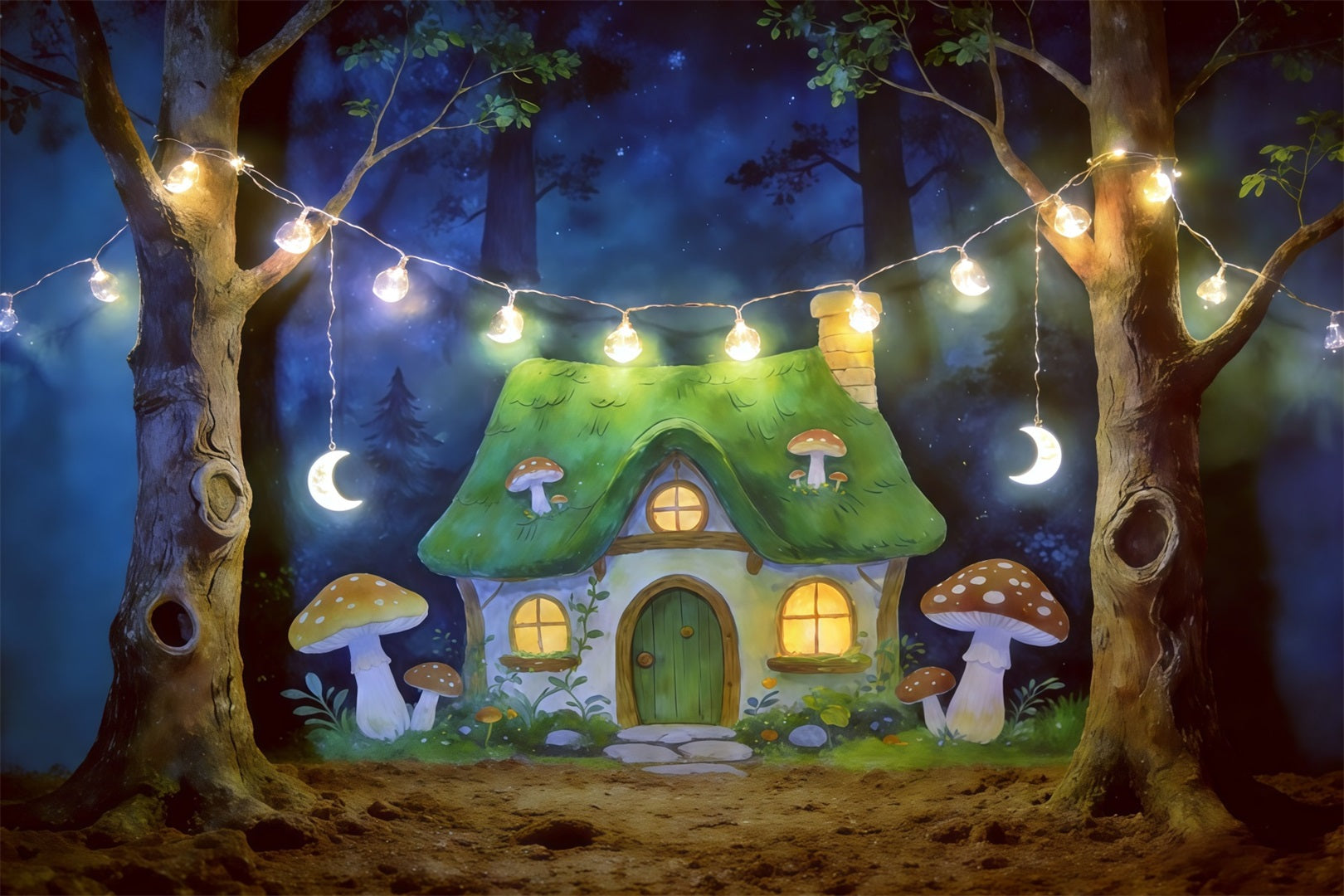 Toile de Fond Forêt Dessin Animé Lumières Cottage Champignons Clair De Lune CSH61-213