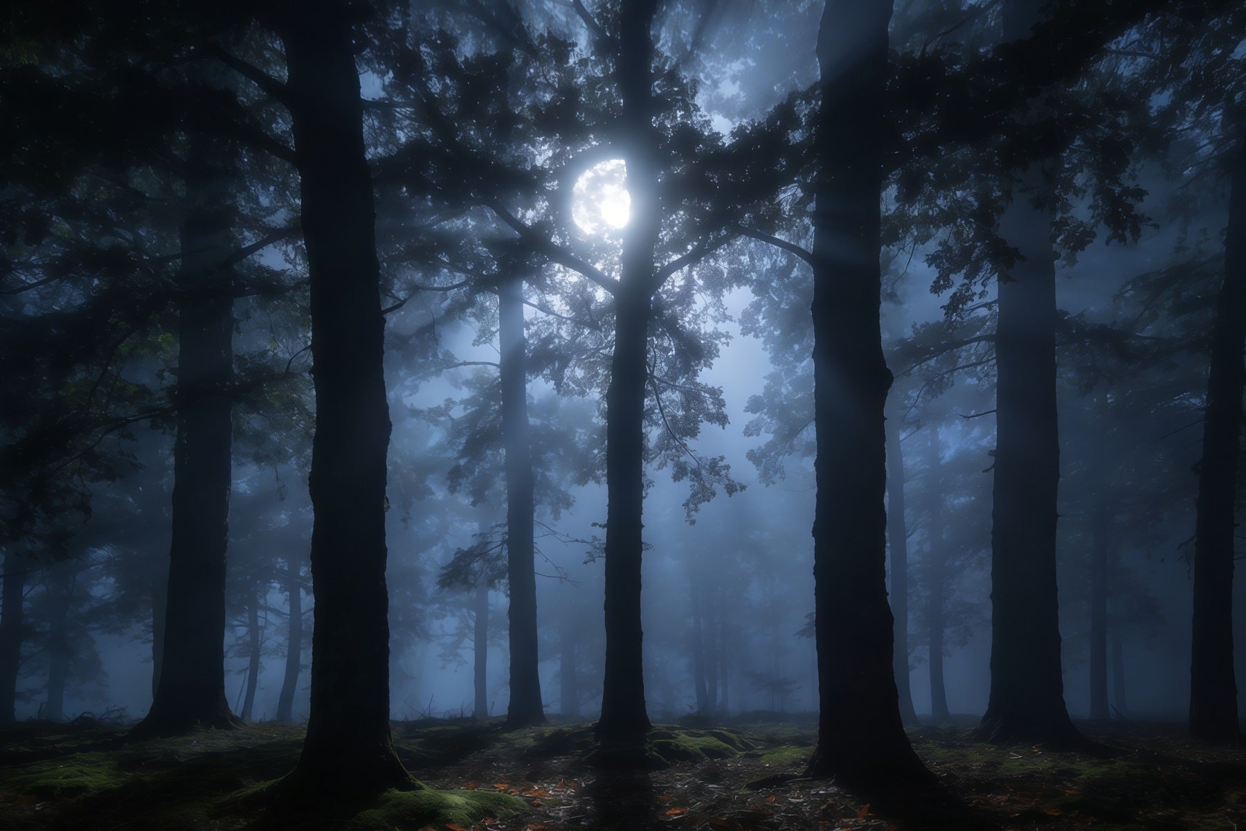 Toile de Fond Forêt Inquiétante Pins Ombres Brume Clair De Lune CSH61-215