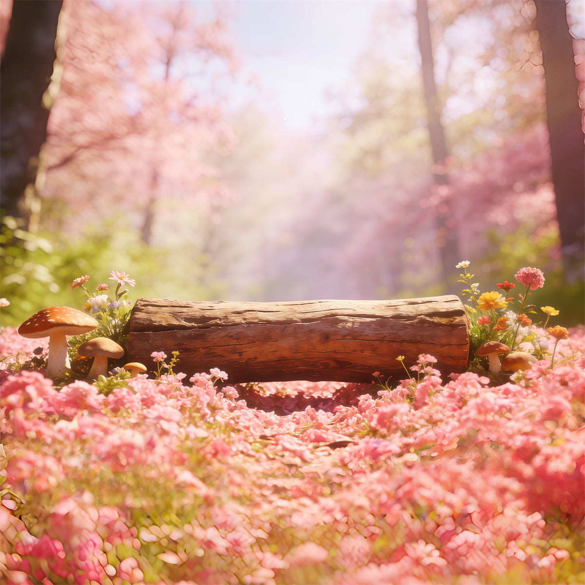 Toile de Fond Forêt Prairie Bûche Pétales Roses CSH61-224