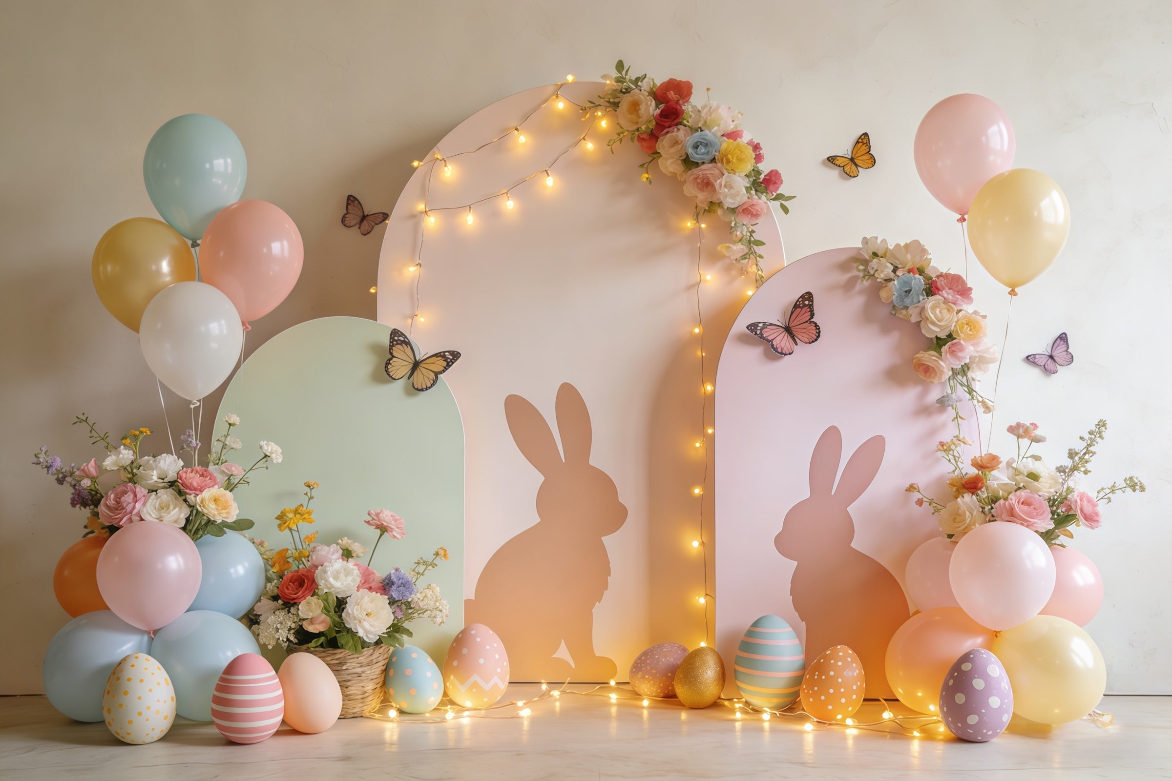 Fond de Pâques Arche Lapin Ballons Jardin Pastel CSH61-72