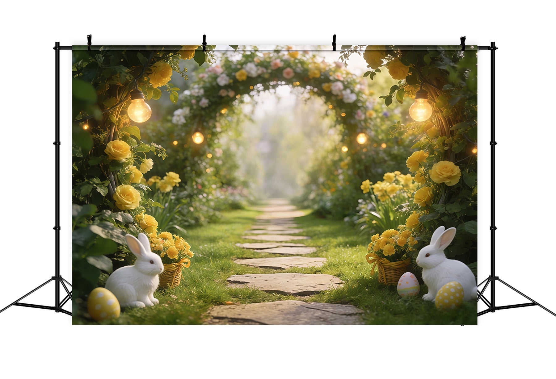 Fond de Pâques Arche Jardin Lapins Œufs Lumières CSH61-84