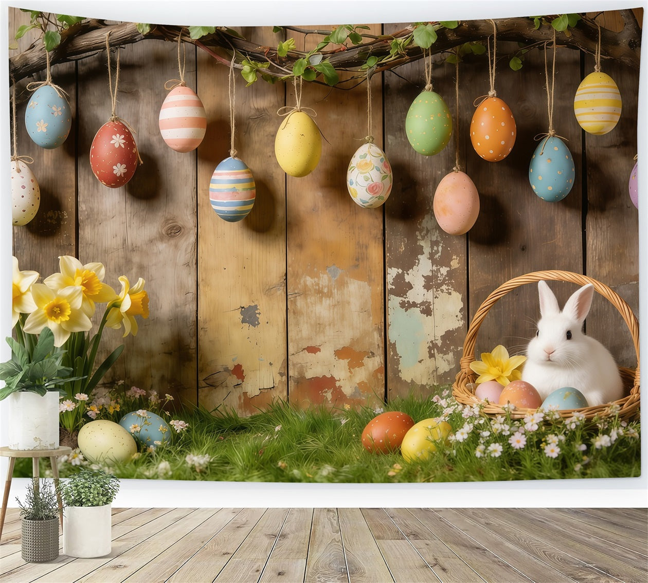 Toile de fond de Pâques Œufs Suspendus Panier Lapin Jonquilles CSH61-87