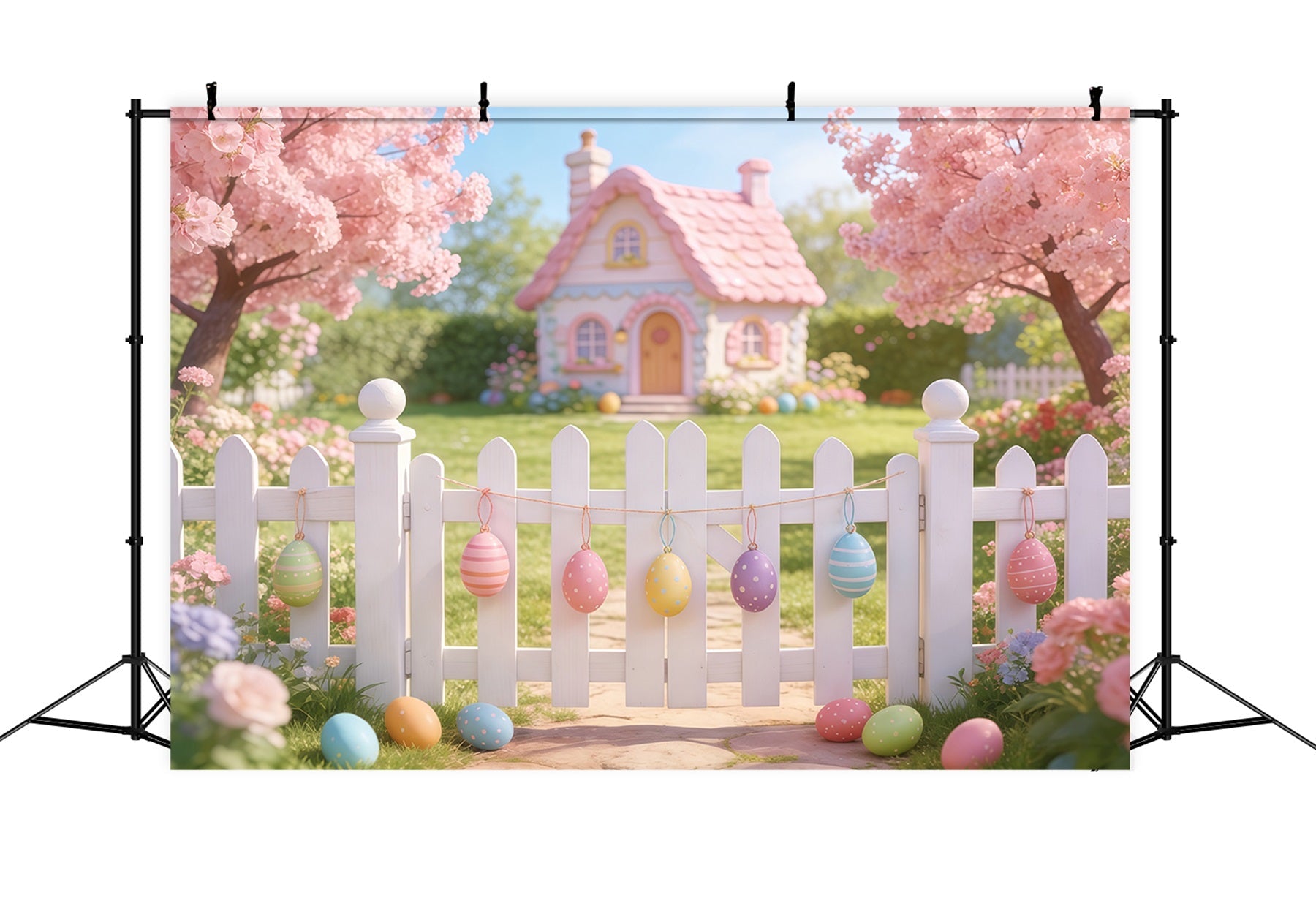 Fond Photo Pâques Clôture Maison Rose Fleurs Cerisier Œufs CSH61-89