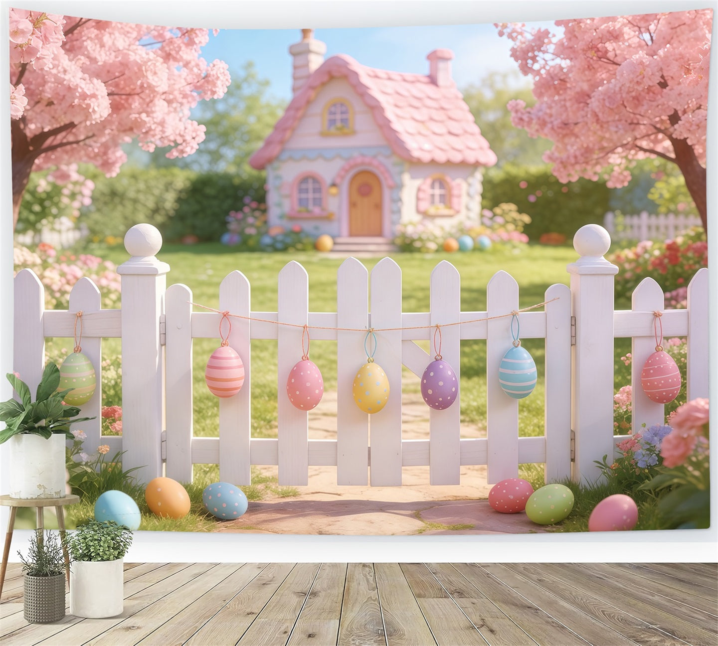 Fond Photo Pâques Clôture Maison Rose Fleurs Cerisier Œufs CSH61-89