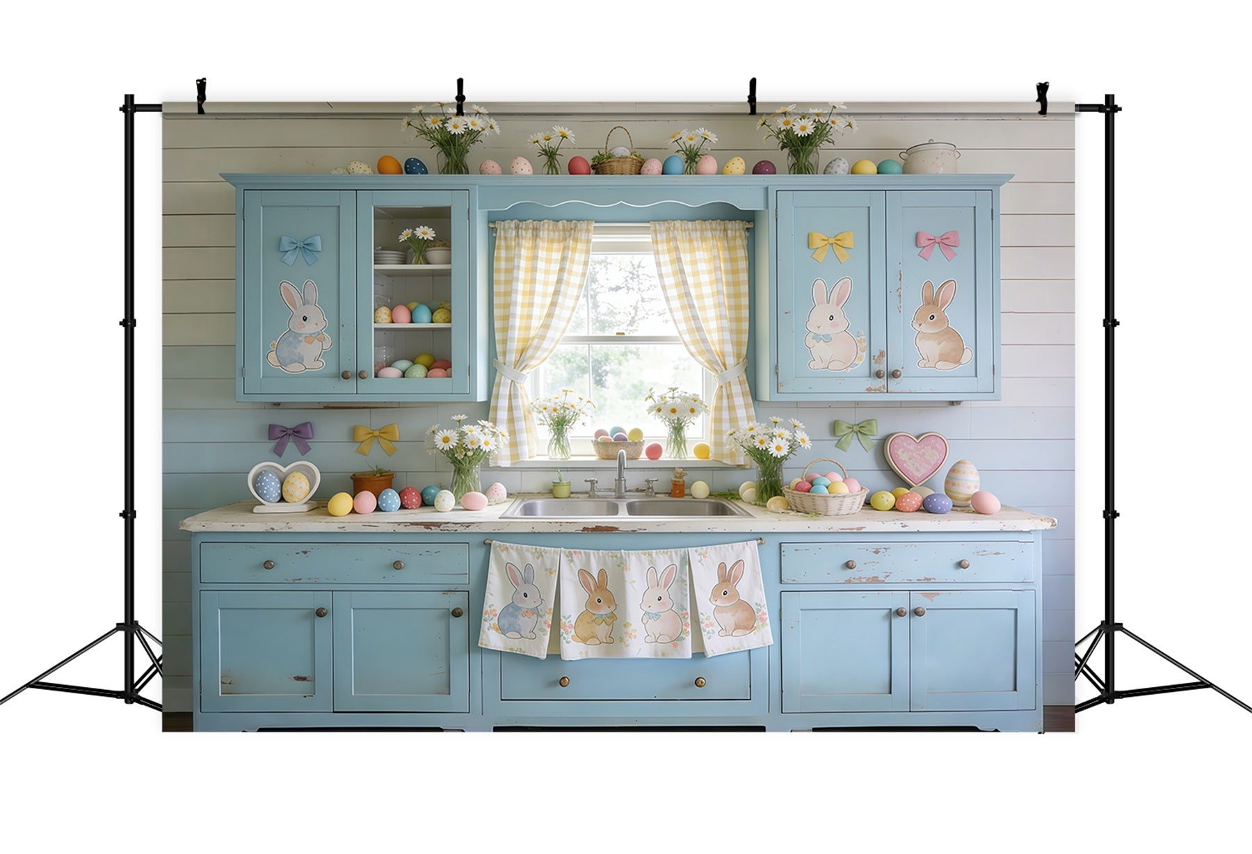 Toile de fond Pâques Buffet Bleu Lapin Œufs Marguerites CSH61-90