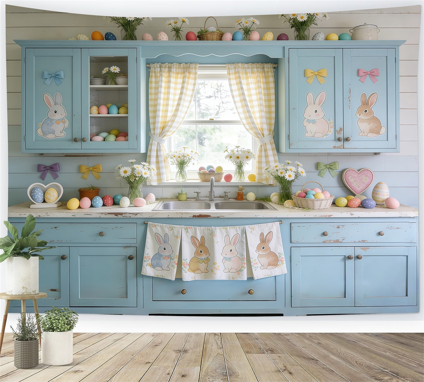 Toile de fond Pâques Buffet Bleu Lapin Œufs Marguerites CSH61-90