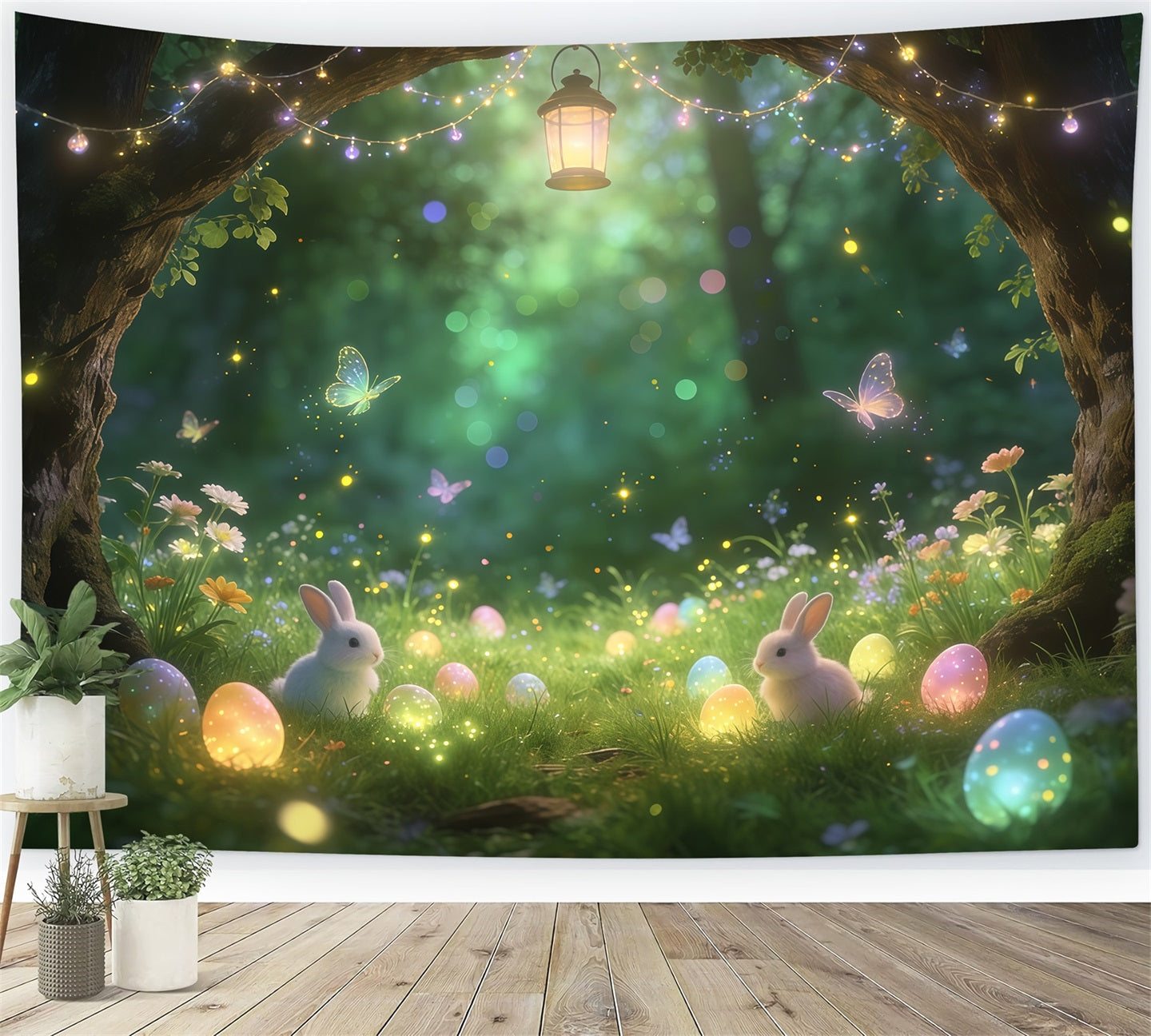 Toile de fond de Pâques Lapin Forêt Enchantée Œufs Lumineux CSH61-91