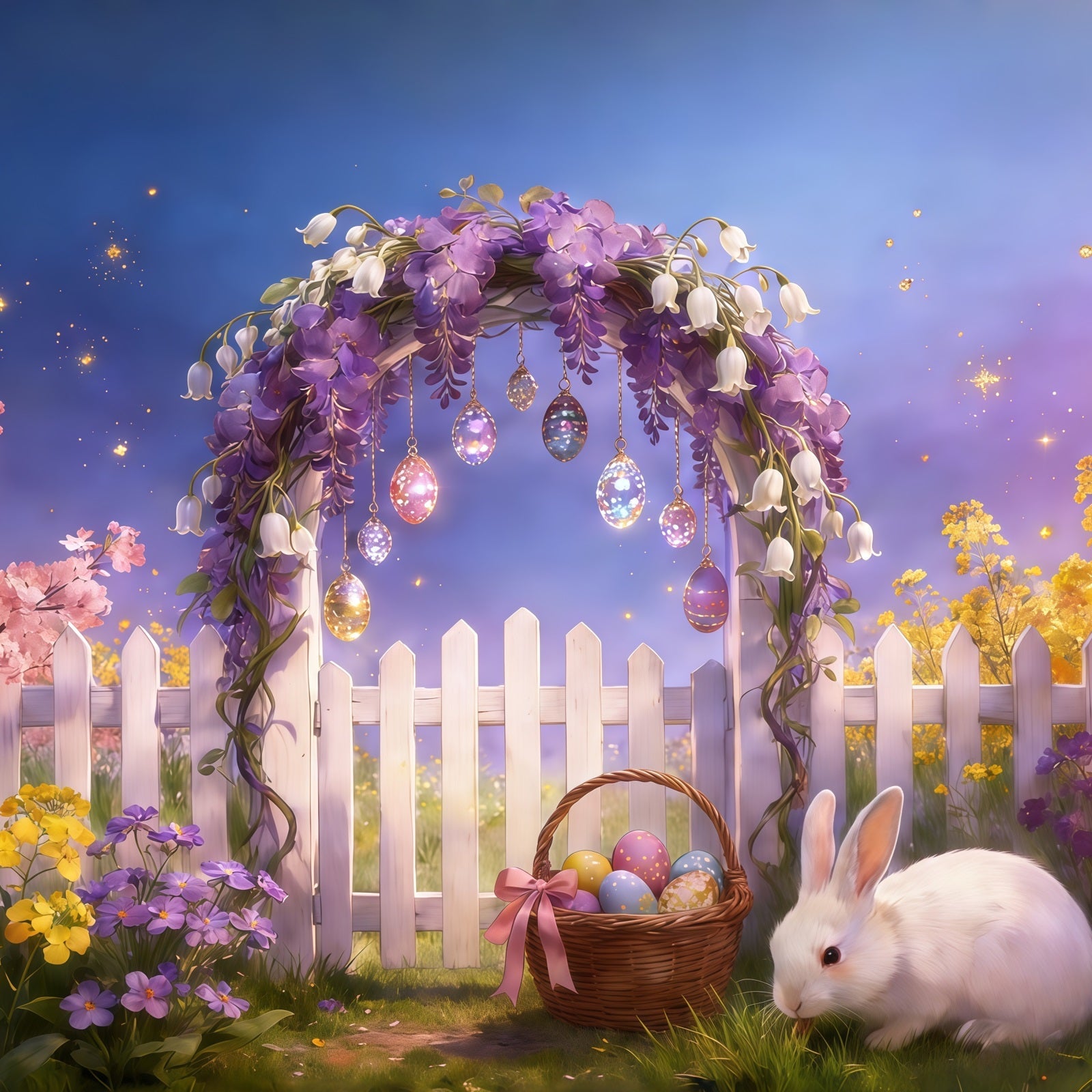 Fond de Pâques Arche Fleurs Clôture Œufs Suspendus Lapin CSH61-92