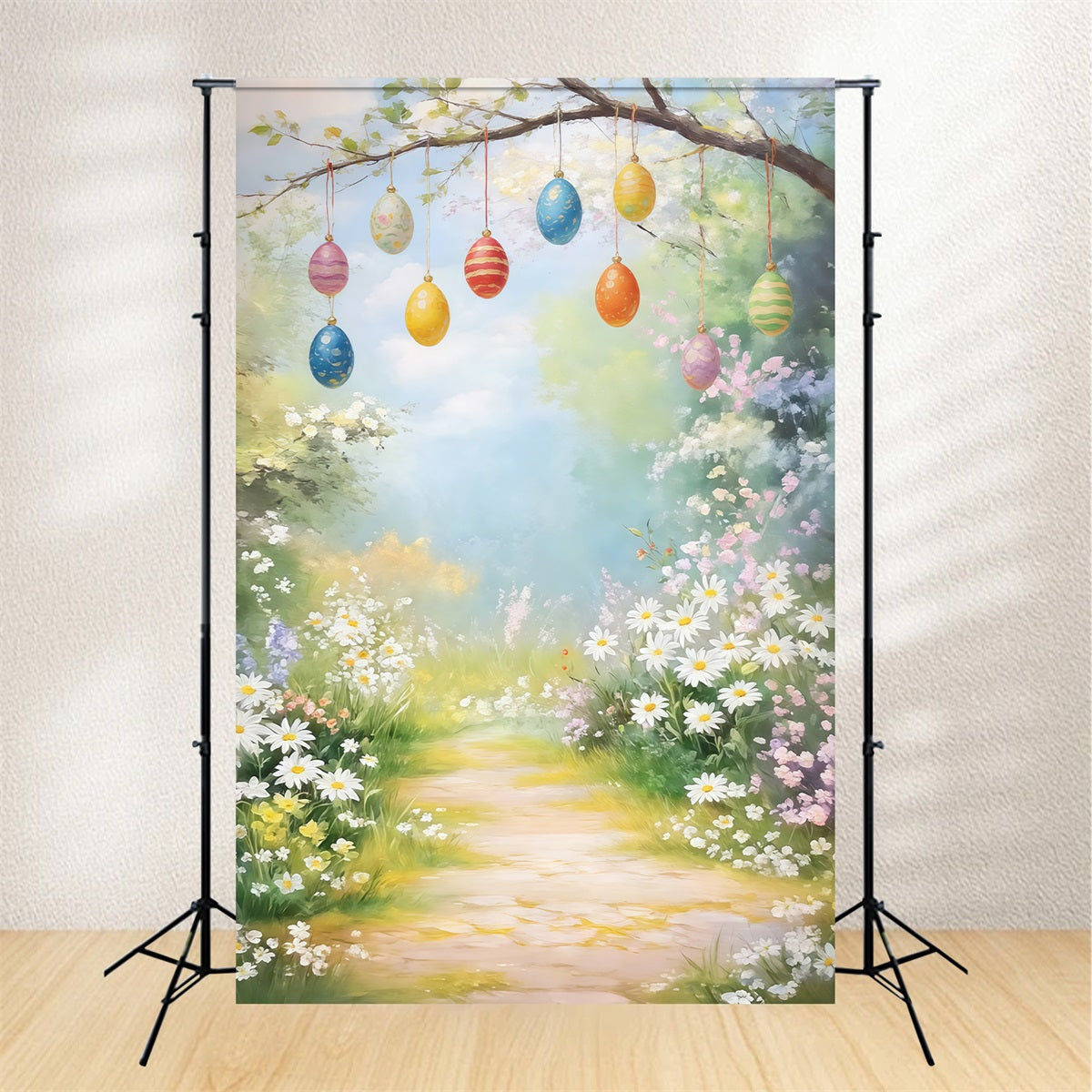 Toile de fond Pâques Prairie Fleurs Blanches Marguerites Œuf CSH61-94