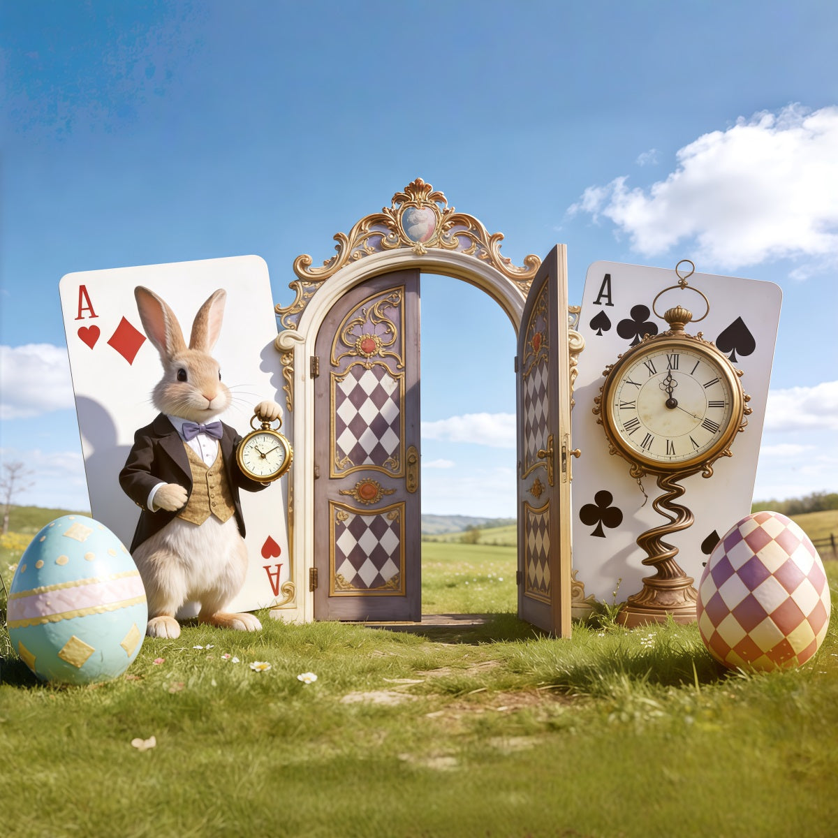 Fond Photo Pâques Porte Horloge Lapin Pays Des Merveilles CSH62-105