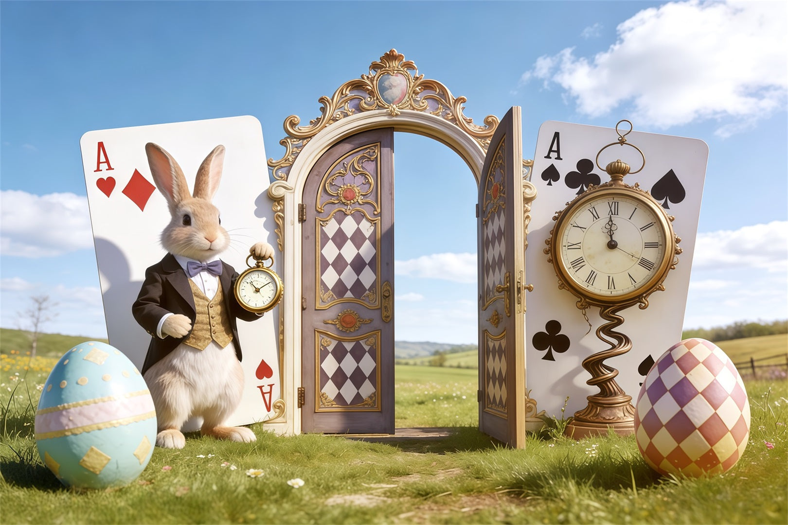 Fond Photo Pâques Porte Horloge Lapin Pays Des Merveilles CSH62-105