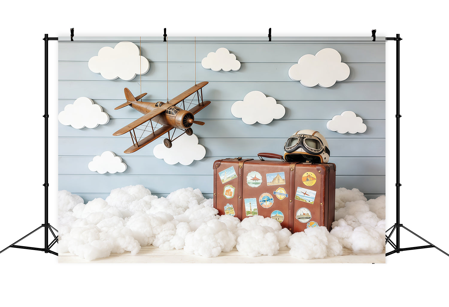 Toile de fond Nuages Avion Vintage Valise Bois CSH62-116