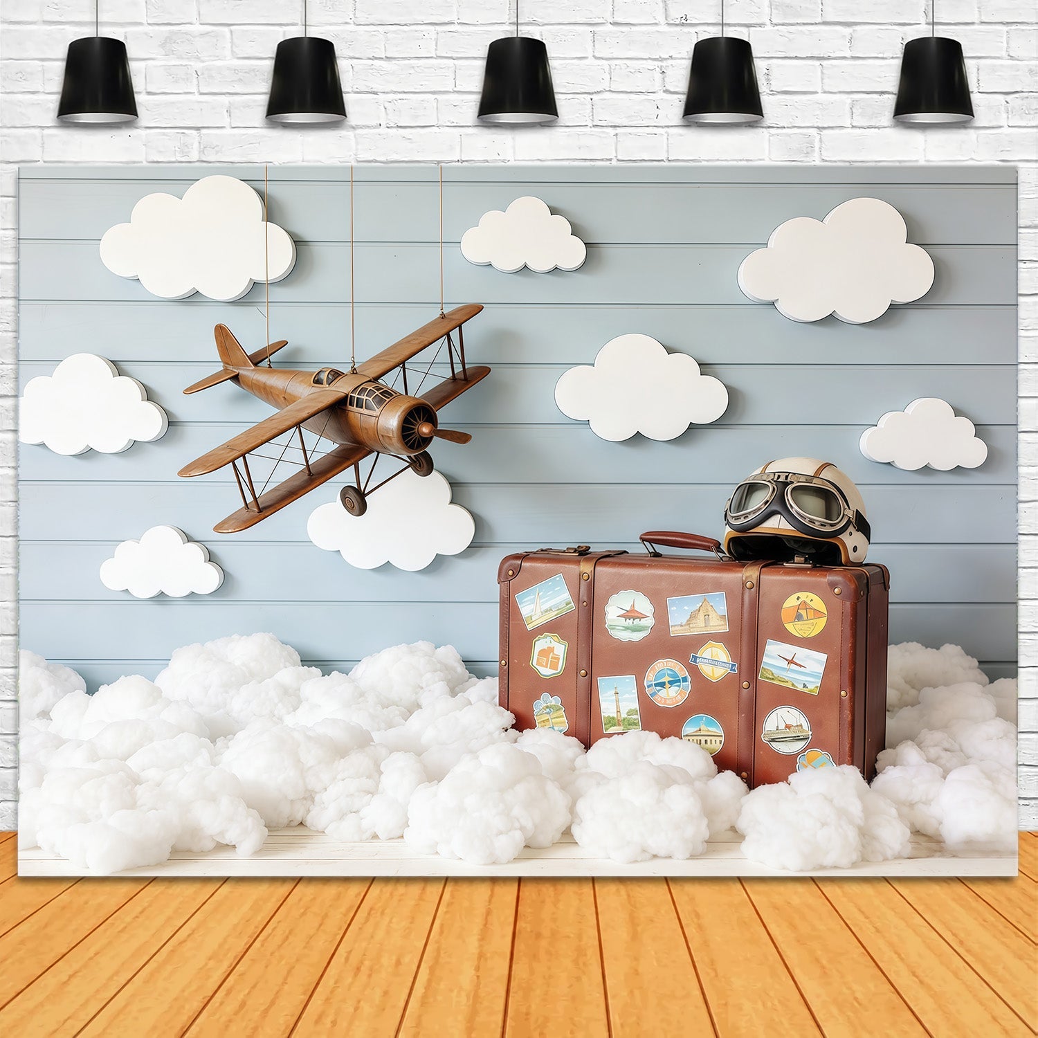 Toile de fond Nuages Avion Vintage Valise Bois CSH62-116