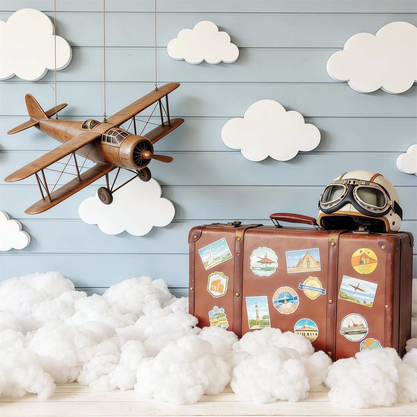 Toile de fond Nuages Avion Vintage Valise Bois CSH62-116