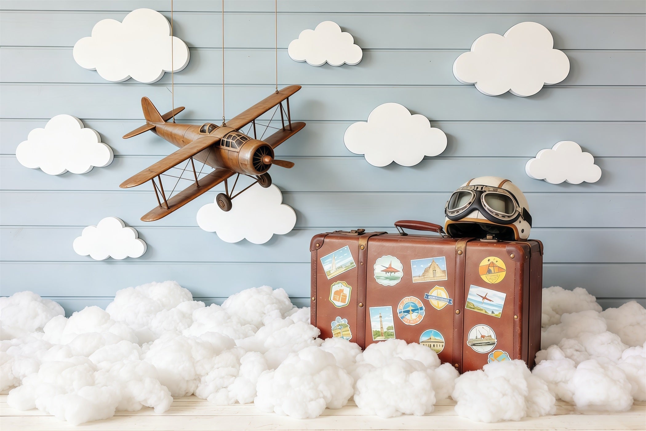 Toile de fond Nuages Avion Vintage Valise Bois CSH62-116