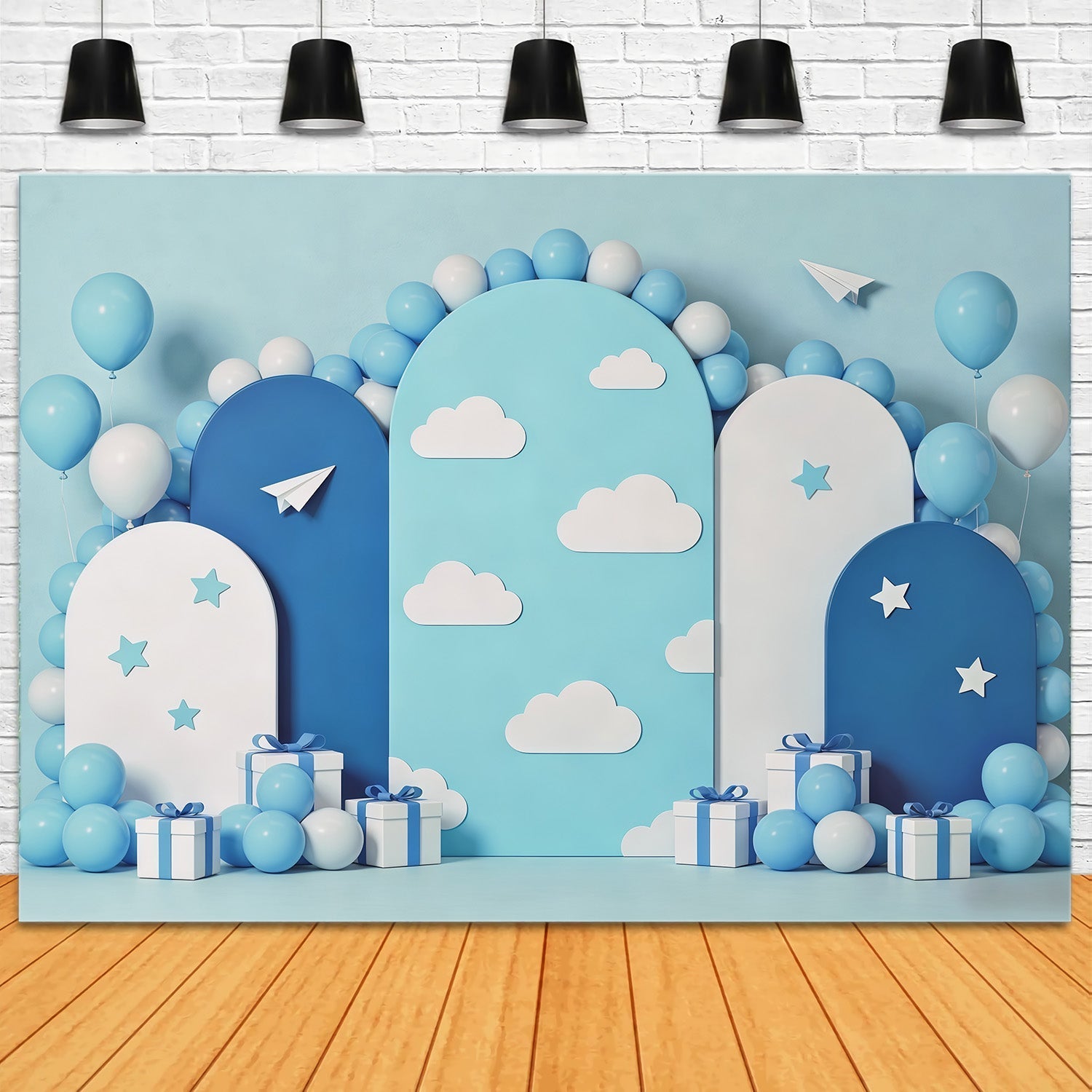 Fond Photo Nuages Arche Ballons Bleus Avions Papier CSH62-119